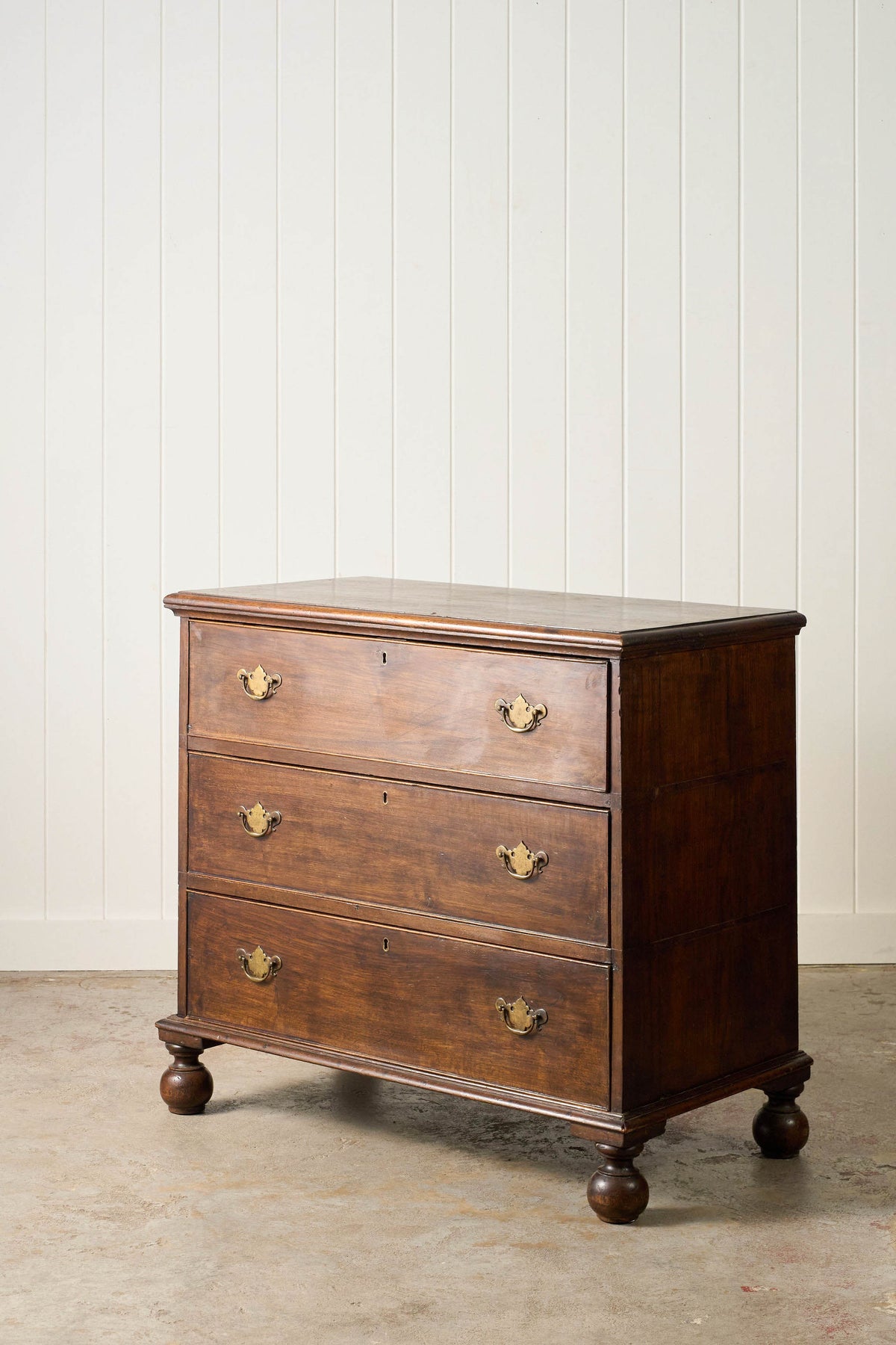 18th Century 3-Drawer Oak Chest On Bun Feet