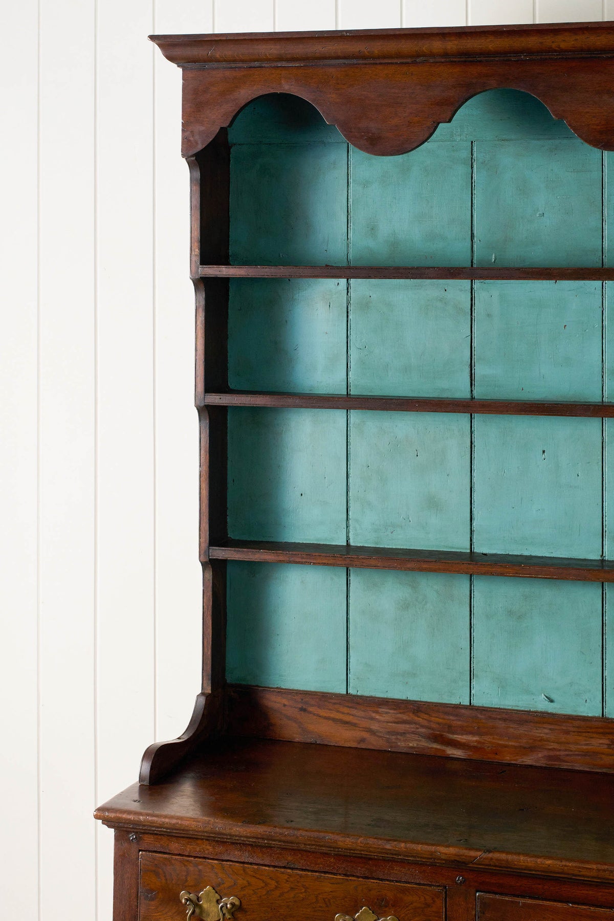 19th Century Welsh Oak Dresser Base With Blue Painted Rack
