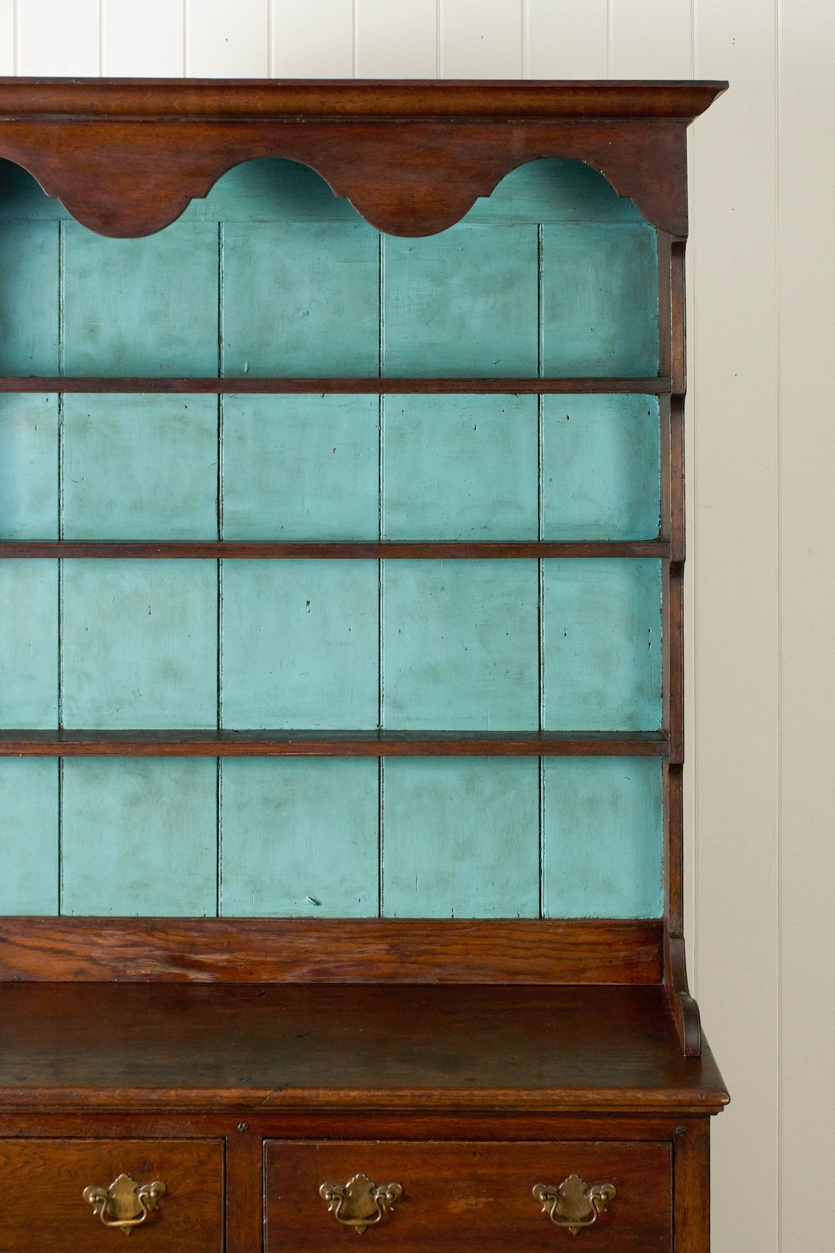 19th Century Welsh Oak Dresser Base With Blue Painted Rack
