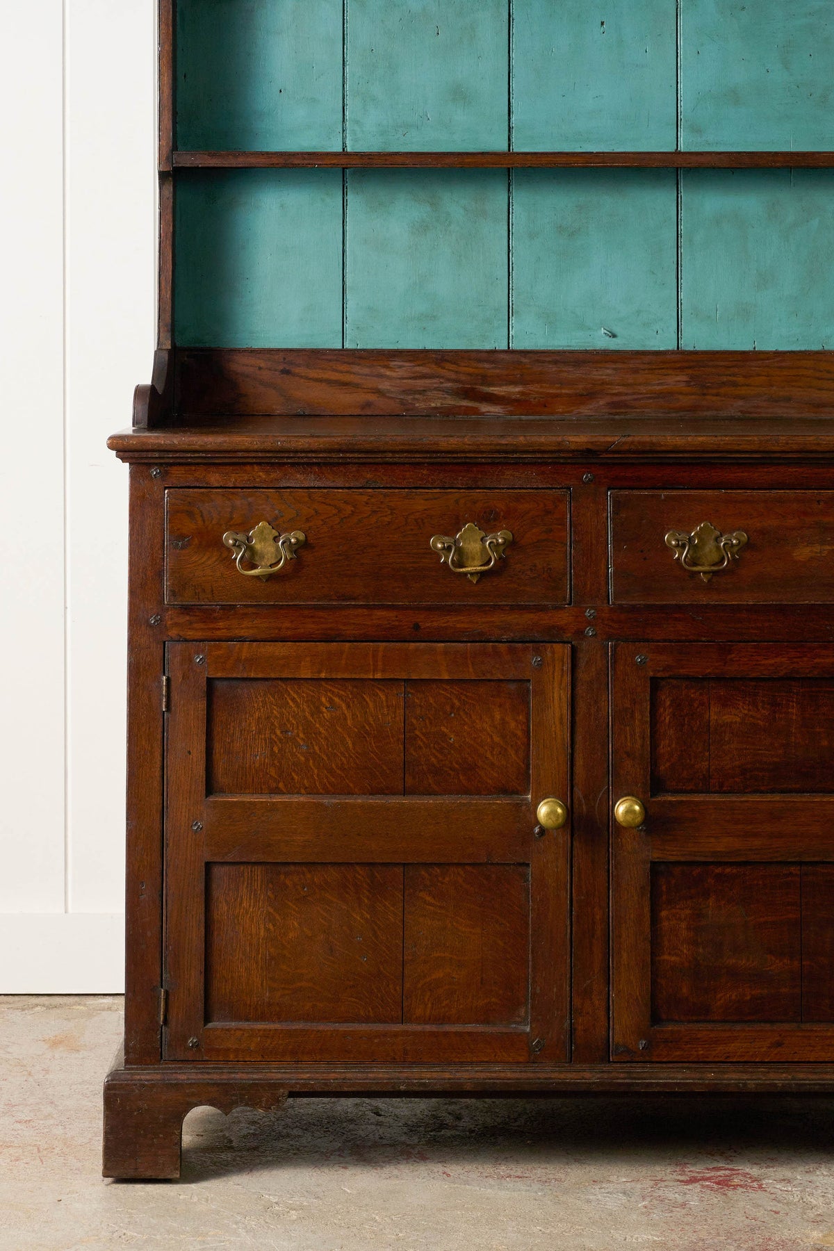 19th Century Welsh Oak Dresser Base With Blue Painted Rack