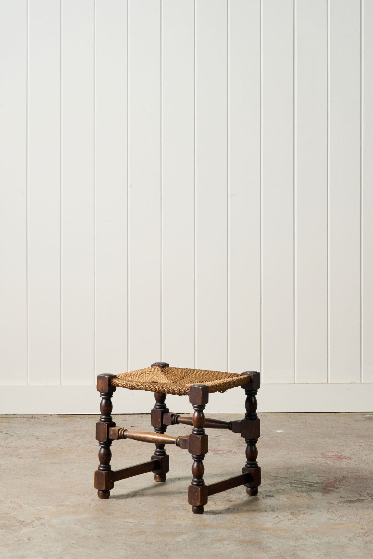 Antique English Oak Stool with Woven Seat (c. 1920)