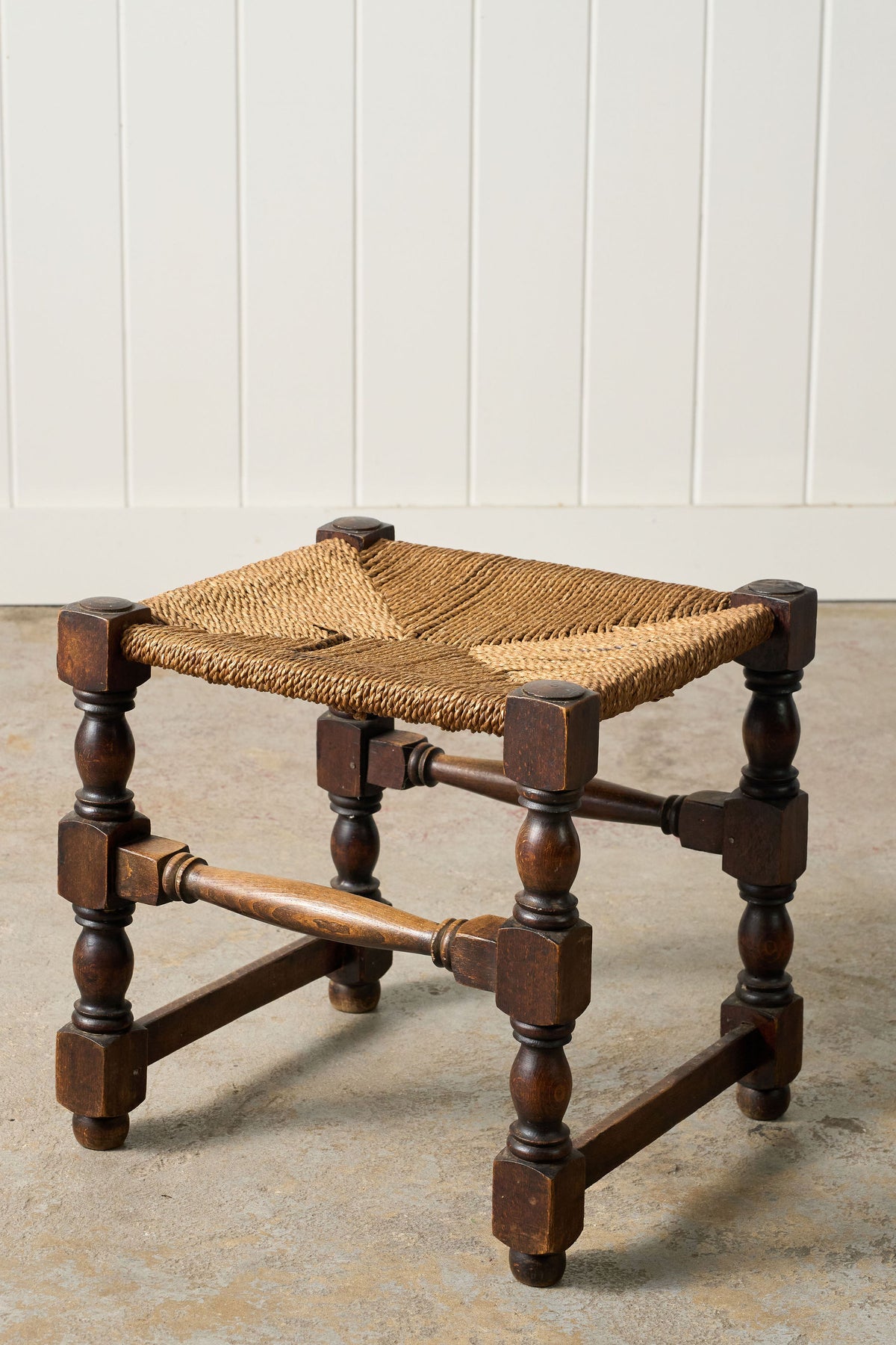 Antique English Oak Stool with Woven Seat (c. 1920)