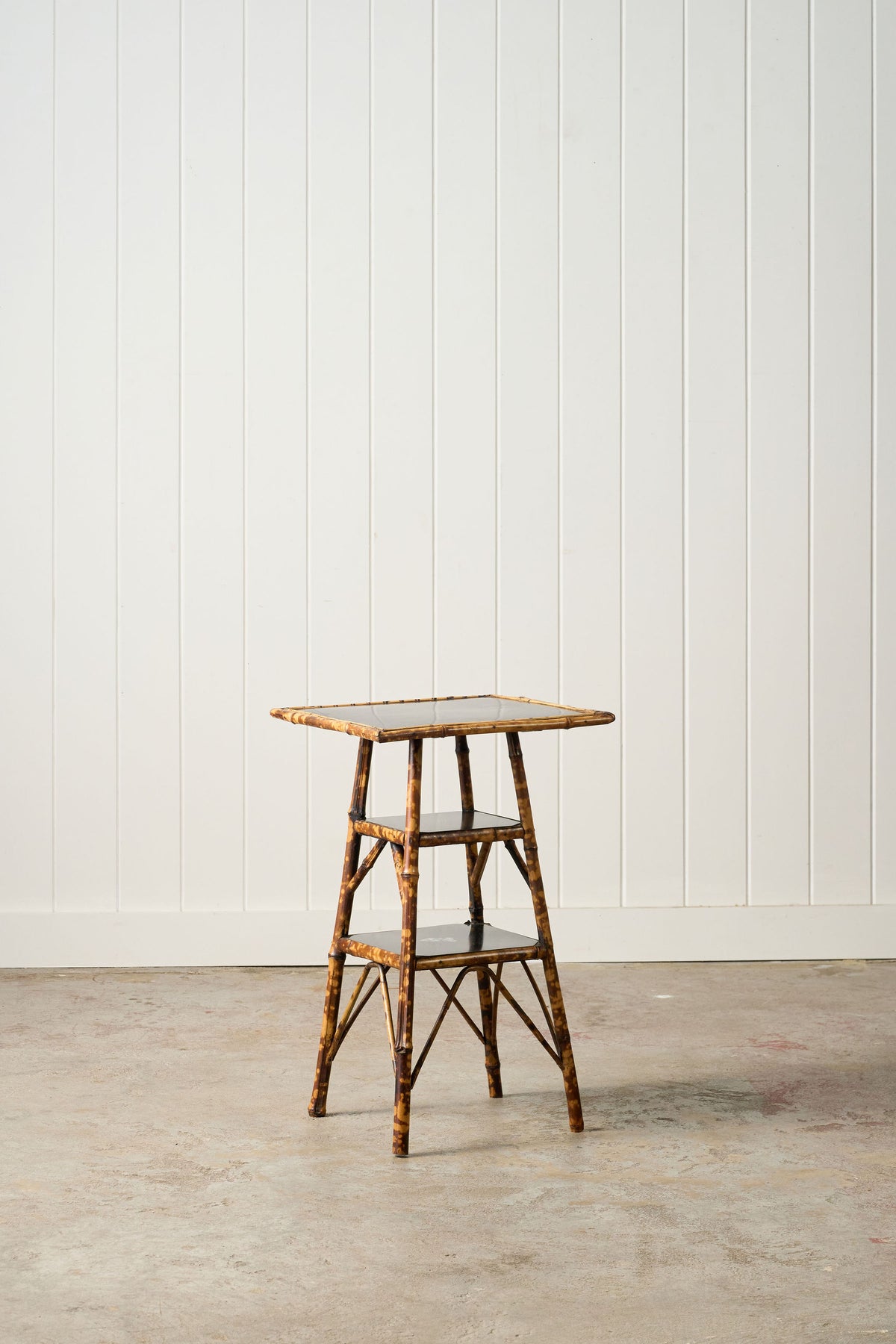 19th Century 3-Tier English Tortoise Bamboo Side Table with Original Lacquer + Floral Decoration