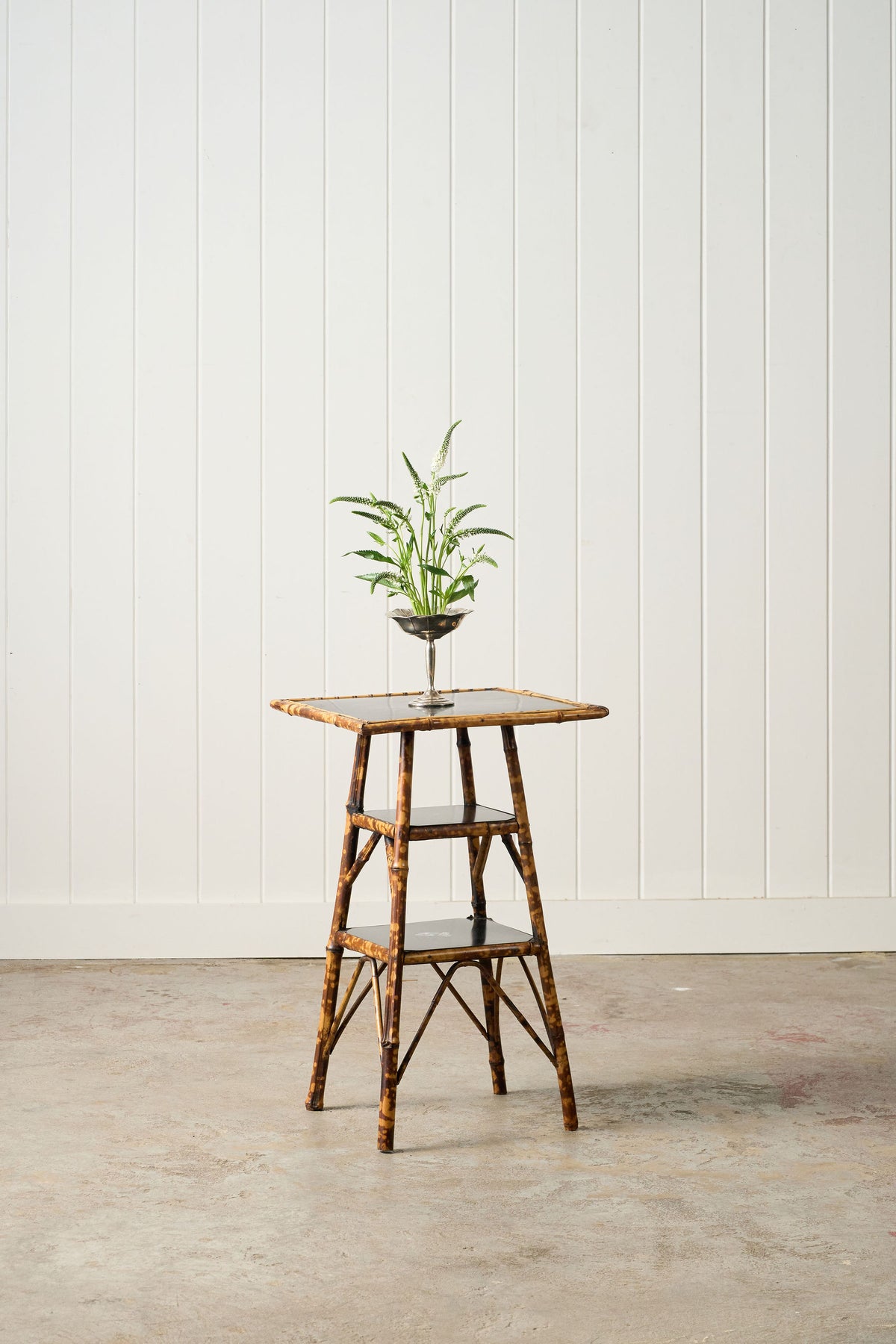 19th Century 3-Tier English Tortoise Bamboo Side Table with Original Lacquer + Floral Decoration