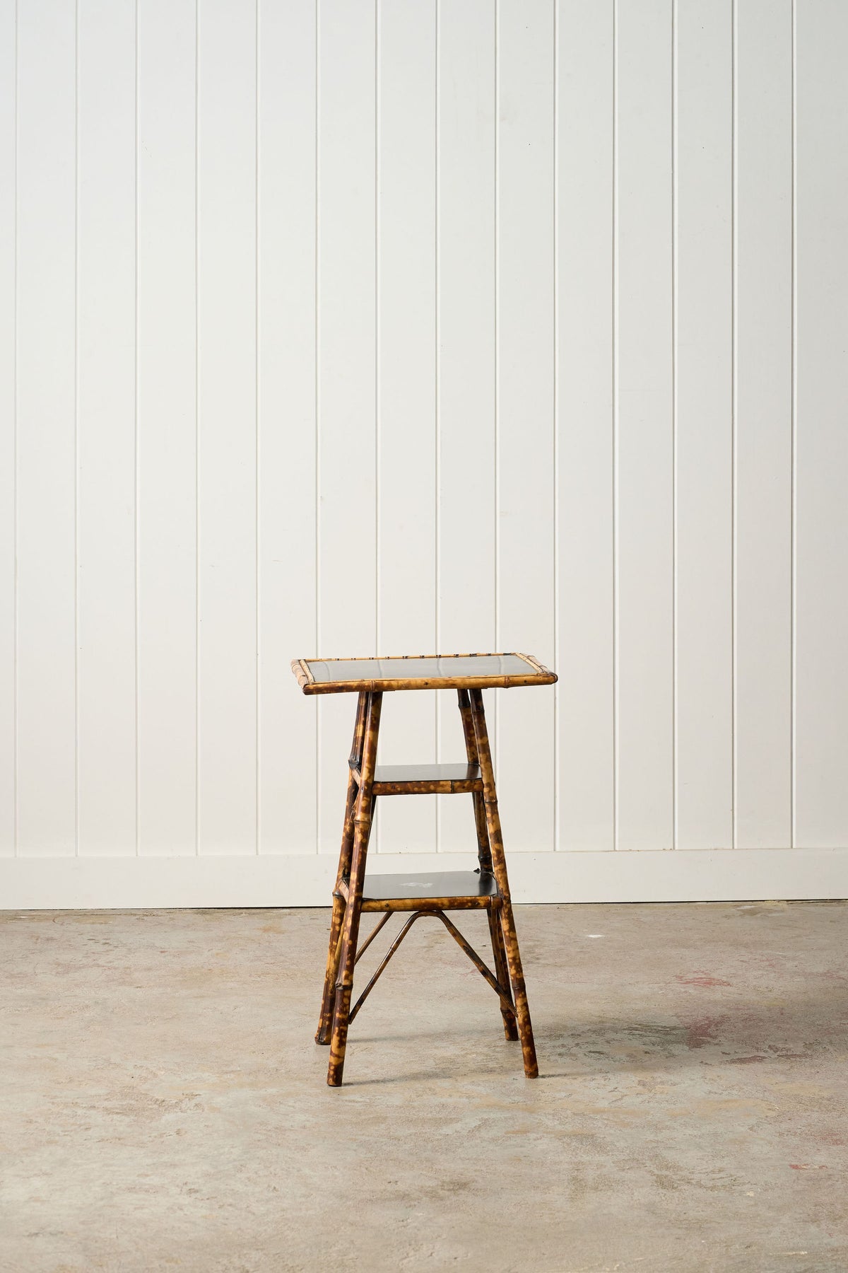 19th Century 3-Tier English Tortoise Bamboo Side Table with Original Lacquer + Floral Decoration