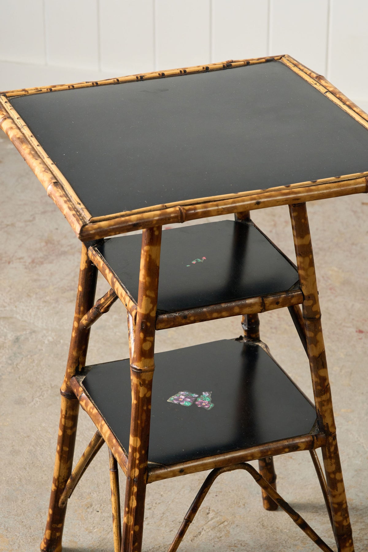 19th Century 3-Tier English Tortoise Bamboo Side Table with Original Lacquer + Floral Decoration