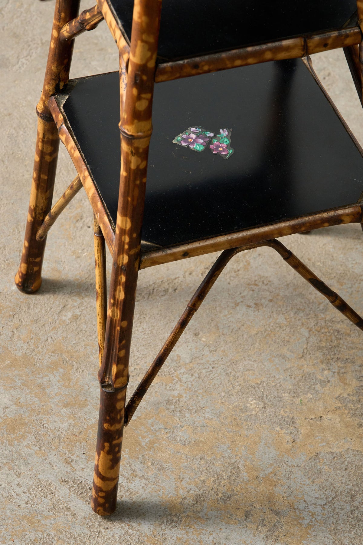19th Century 3-Tier English Tortoise Bamboo Side Table with Original Lacquer + Floral Decoration