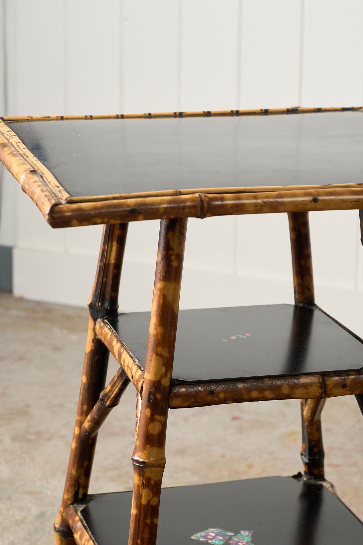 19th Century 3-Tier English Tortoise Bamboo Side Table with Original Lacquer + Floral Decoration