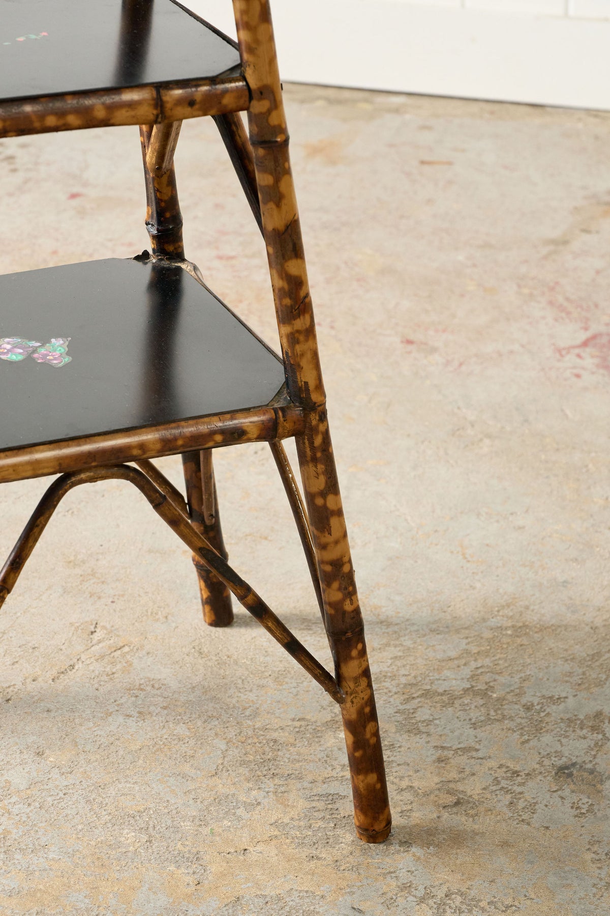 19th Century 3-Tier English Tortoise Bamboo Side Table with Original Lacquer + Floral Decoration