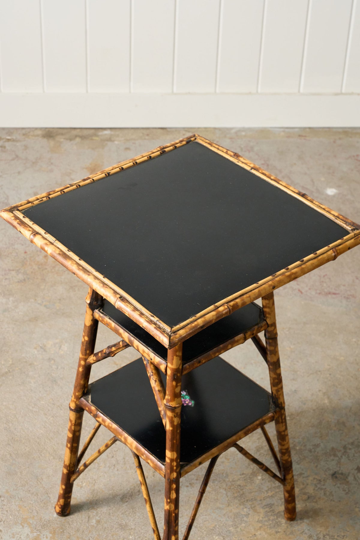 19th Century 3-Tier English Tortoise Bamboo Side Table with Original Lacquer + Floral Decoration