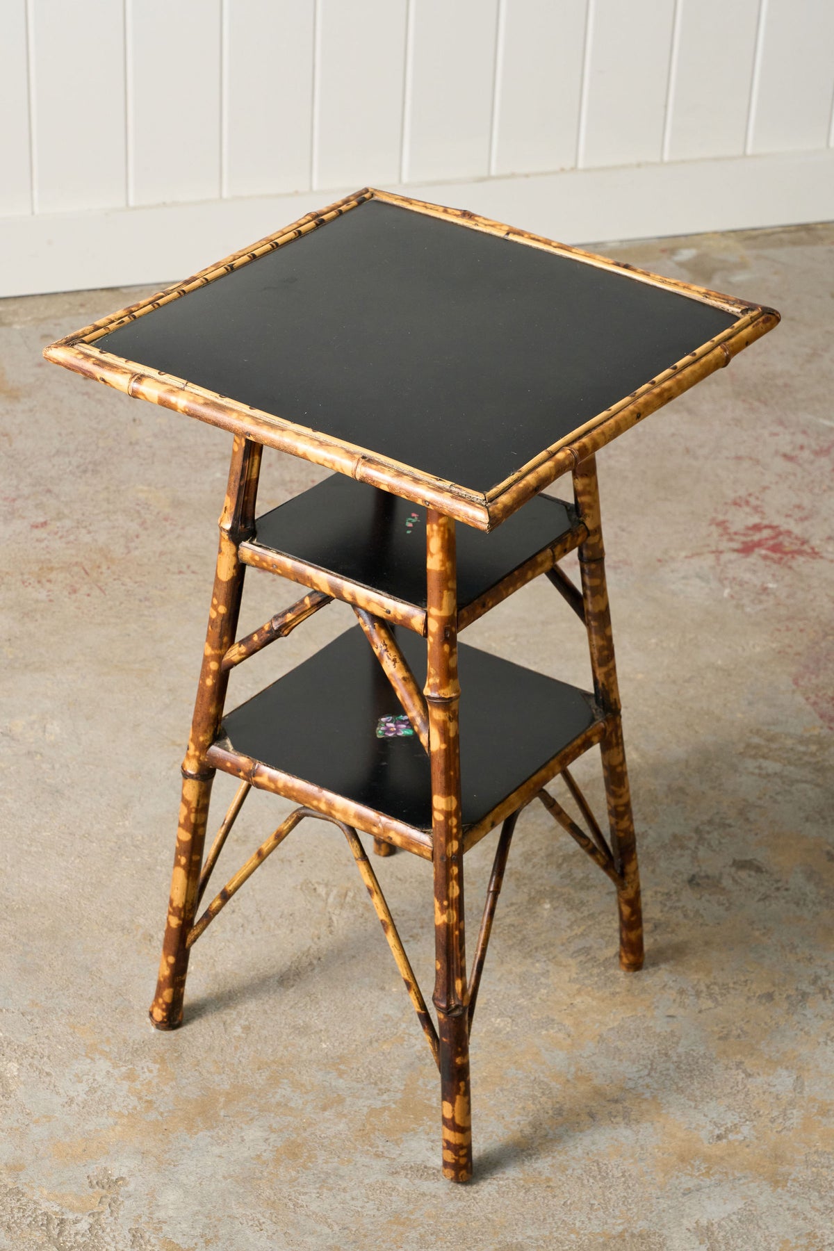 19th Century 3-Tier English Tortoise Bamboo Side Table with Original Lacquer + Floral Decoration