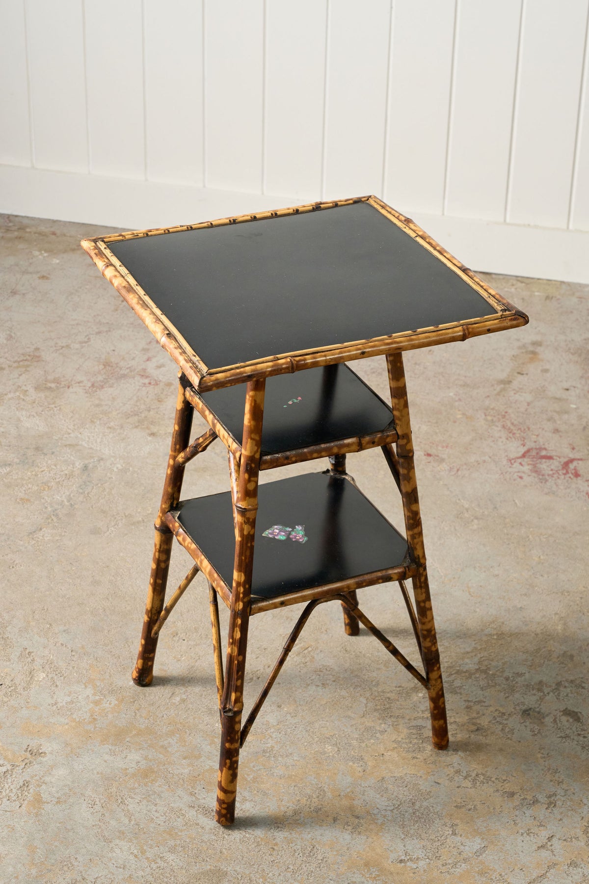 19th Century 3-Tier English Tortoise Bamboo Side Table with Original Lacquer + Floral Decoration