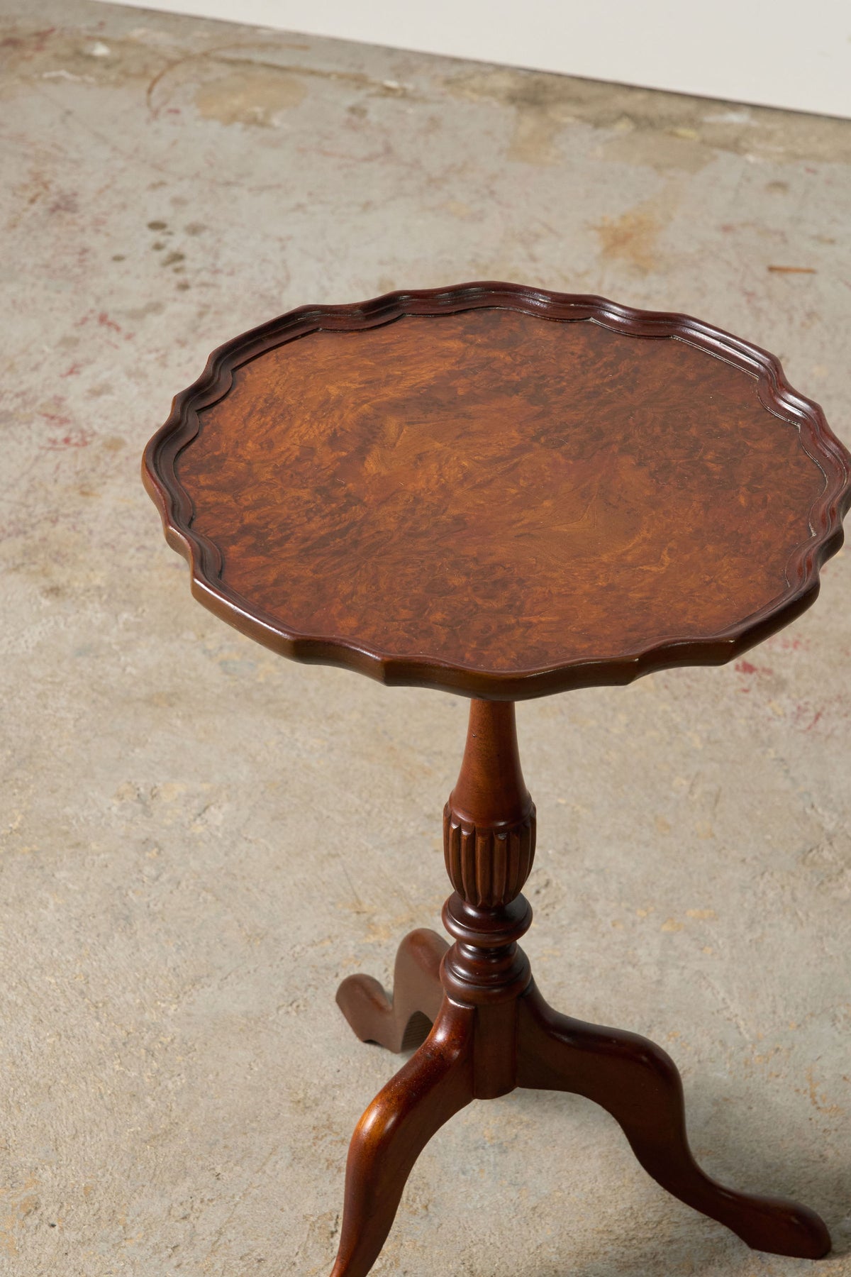 Antique English Burl Walnut Piecrust Tripod Wine Table