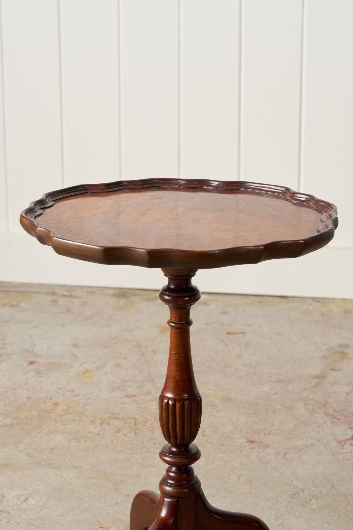 Antique English Burl Walnut Piecrust Tripod Wine Table