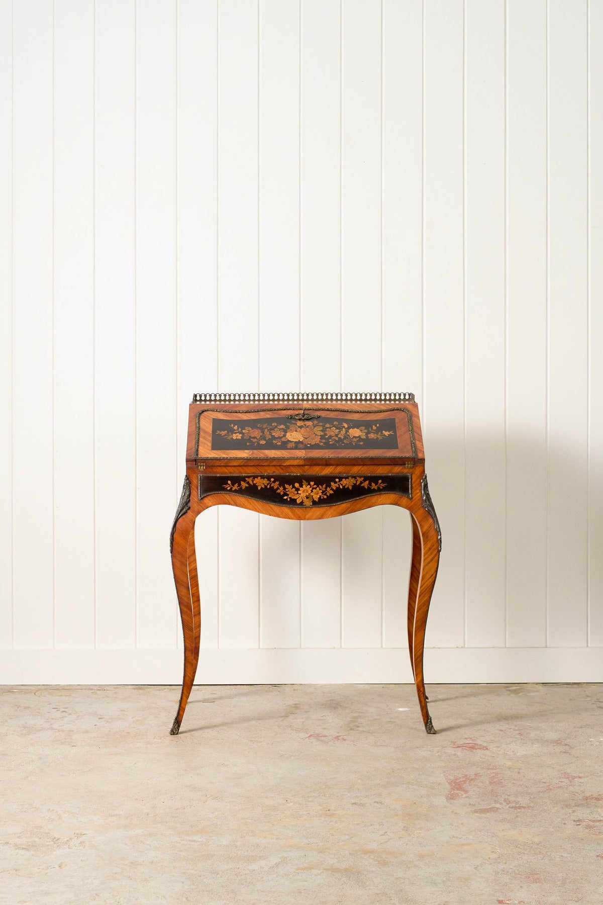19th Century Antique French Marquetry Ladies Desk with Green Leather Interior