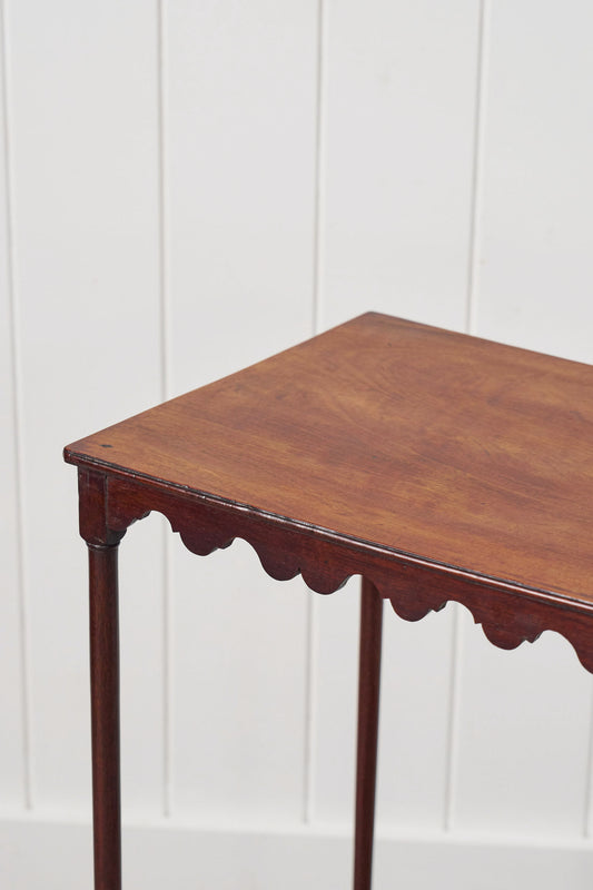 Victorian Mahogany Occasional Table with Scalloped Apron + Carved Tapered Legs