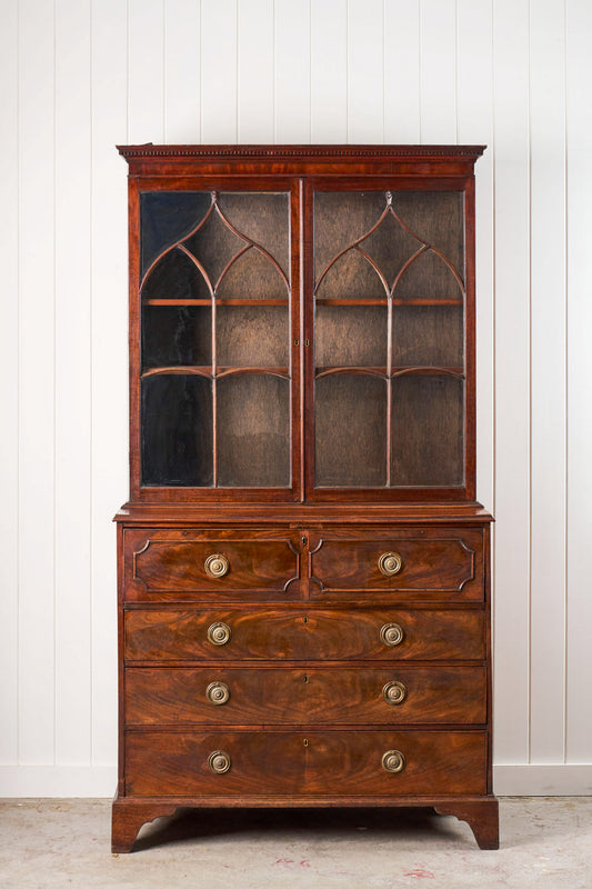 Georgian Mahogany Library Secretary Bookcase with Dental Molding Cornice