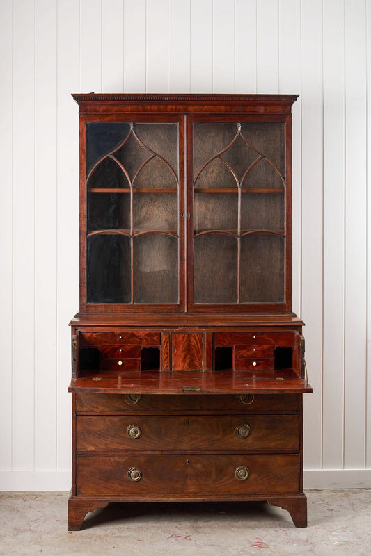 Georgian Mahogany Library Secretary Bookcase with Dental Molding Cornice