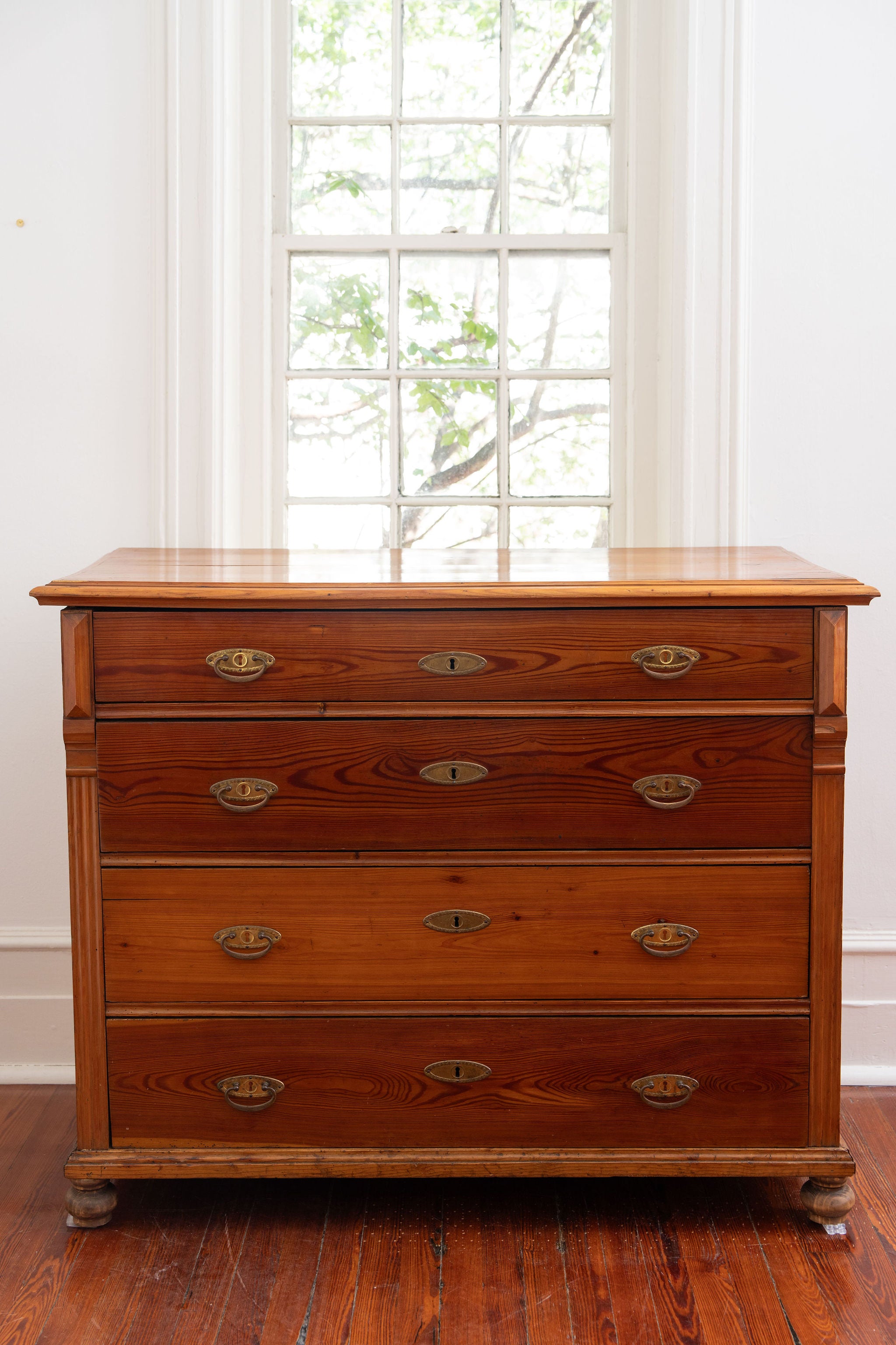 19th Century European Stained Pine Large 4-Drawer Dresser with Double Pulls