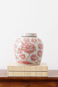 Load image into Gallery viewer, Crane + Floral Lidded Red/Pink + White Jar
