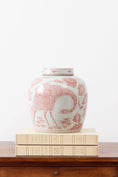 Load image into Gallery viewer, Crane + Floral Lidded Red/Pink + White Jar
