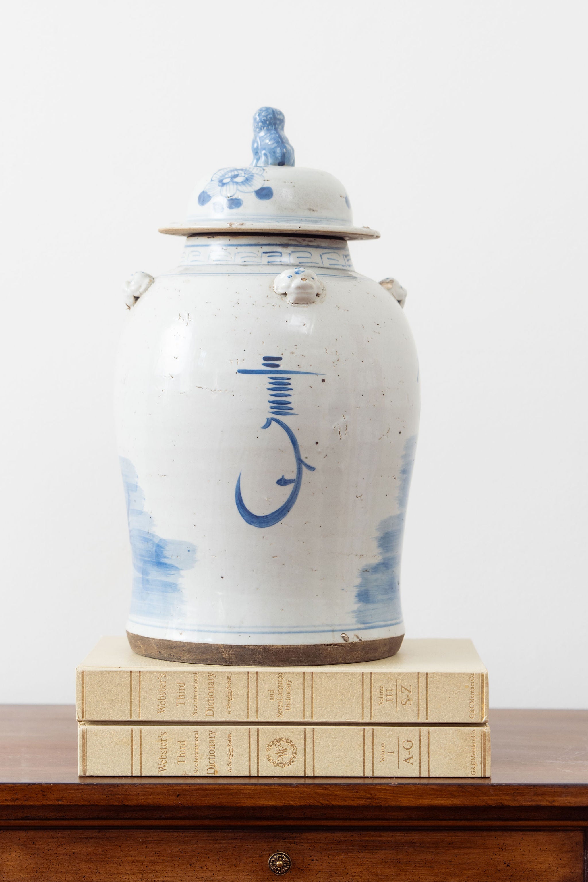 Blue + White Ginger Jar With Bird + Flower Motif