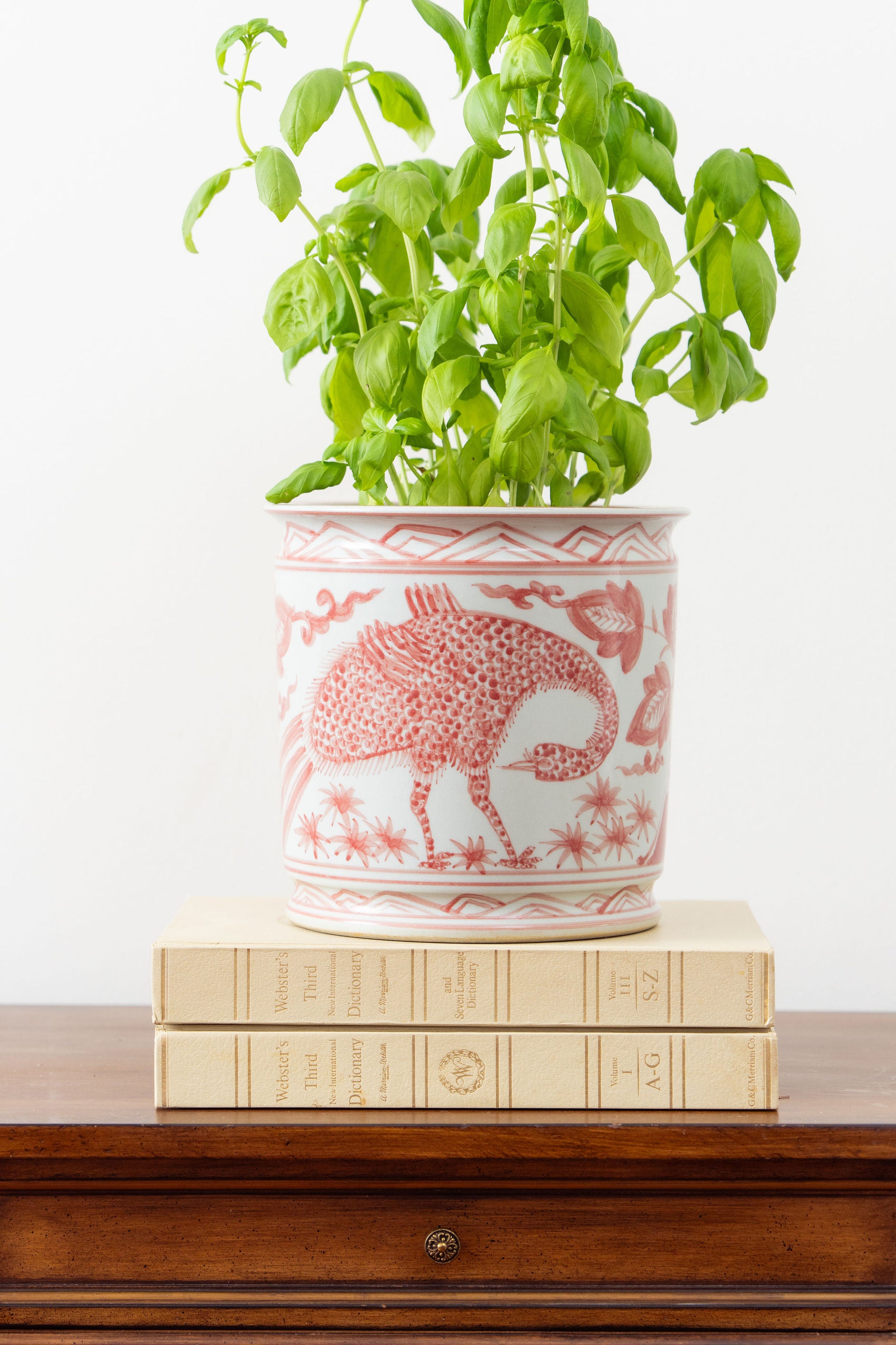 Crane + Flower Red/Pink + White Cachepot
