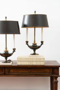 Load image into Gallery viewer, PAIR of Stiffel Brass Lamps with Black Oval Shades and Marble Bases
