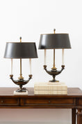 Load image into Gallery viewer, PAIR of Stiffel Brass Lamps with Black Oval Shades and Marble Bases
