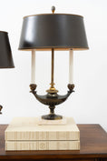 Load image into Gallery viewer, PAIR of Stiffel Brass Lamps with Black Oval Shades and Marble Bases
