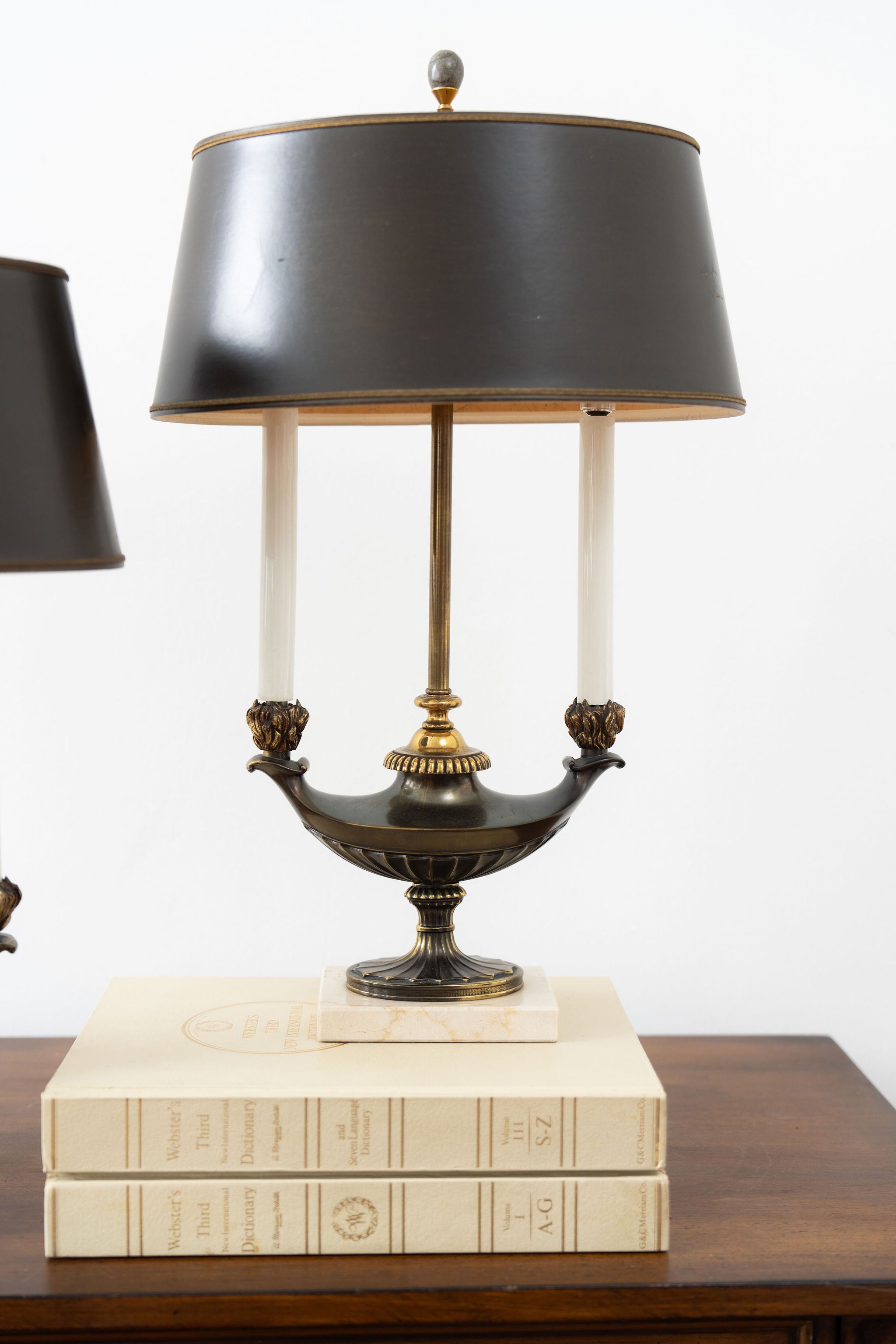 PAIR of Stiffel Brass Lamps with Black Oval Shades and Marble Bases