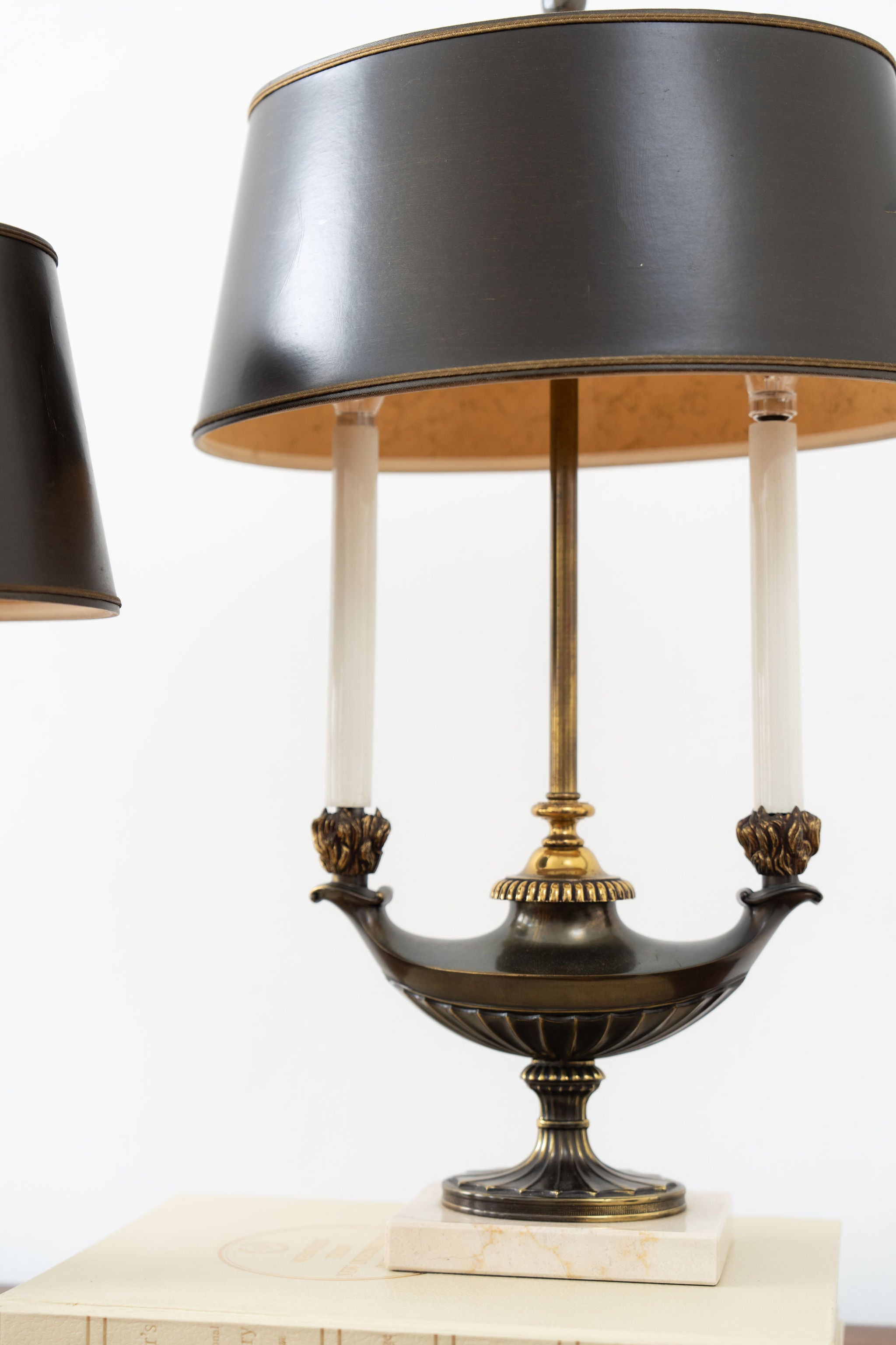 PAIR of Stiffel Brass Lamps with Black Oval Shades and Marble Bases