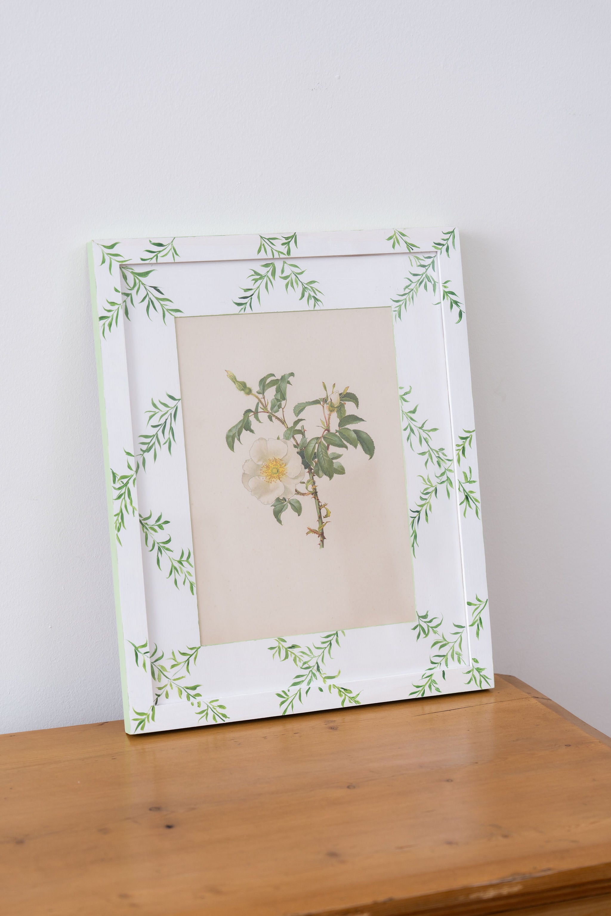 Bespoke Botanical | Antique Botanical Book Plate of White Roses in Hand Painted Frame