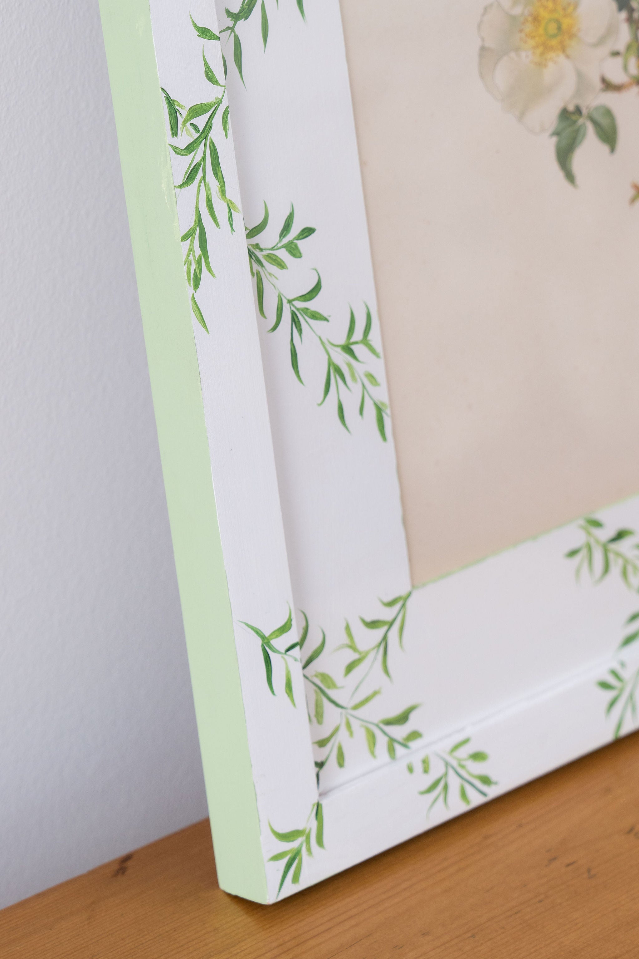 Bespoke Botanical | Antique Botanical Book Plate of White Roses in Hand Painted Frame