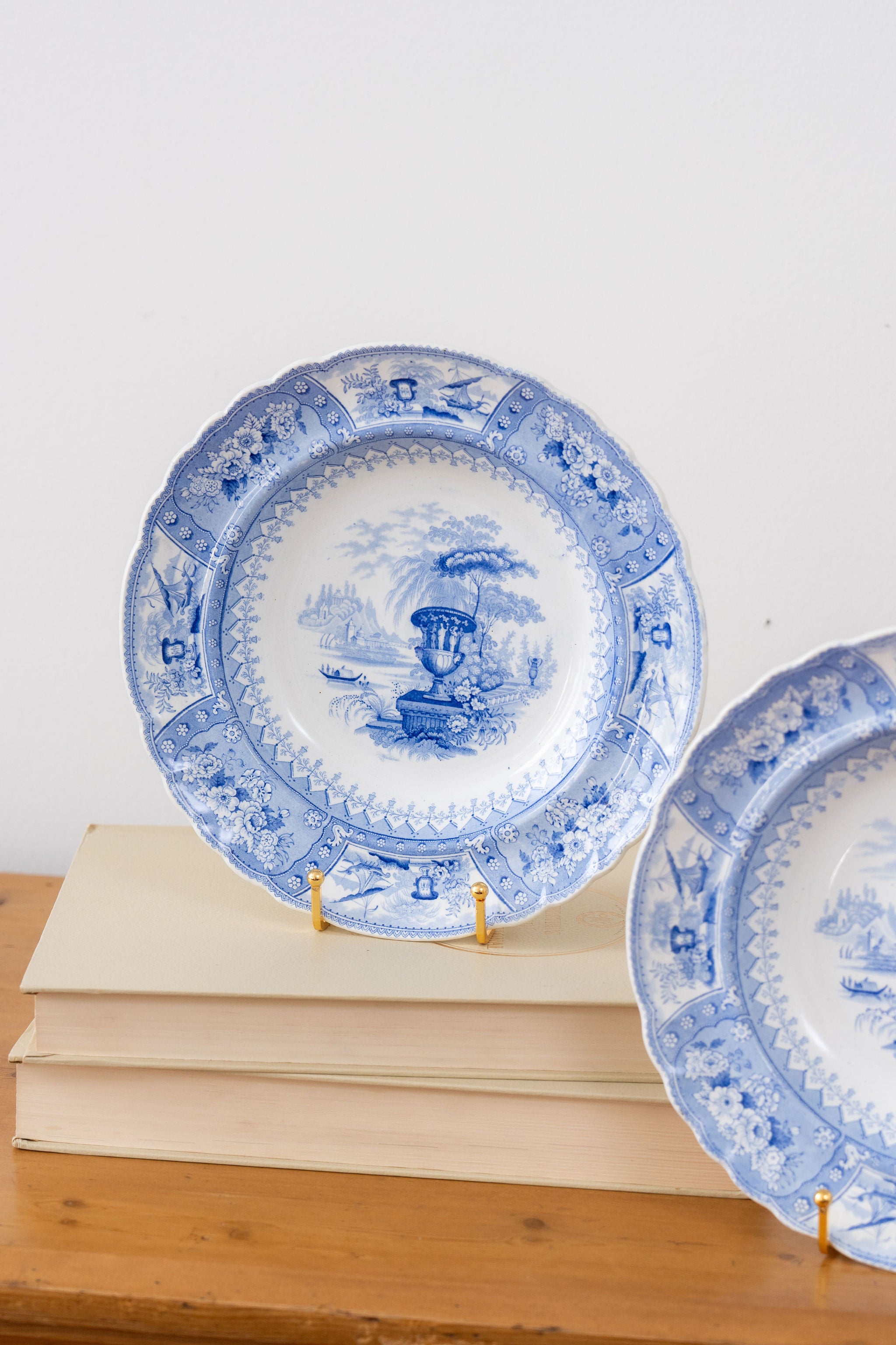 Blue + White Antique Staffordshire Shallow Pasta Bowl/Plate With Scalloped Rim + Urn Motif
