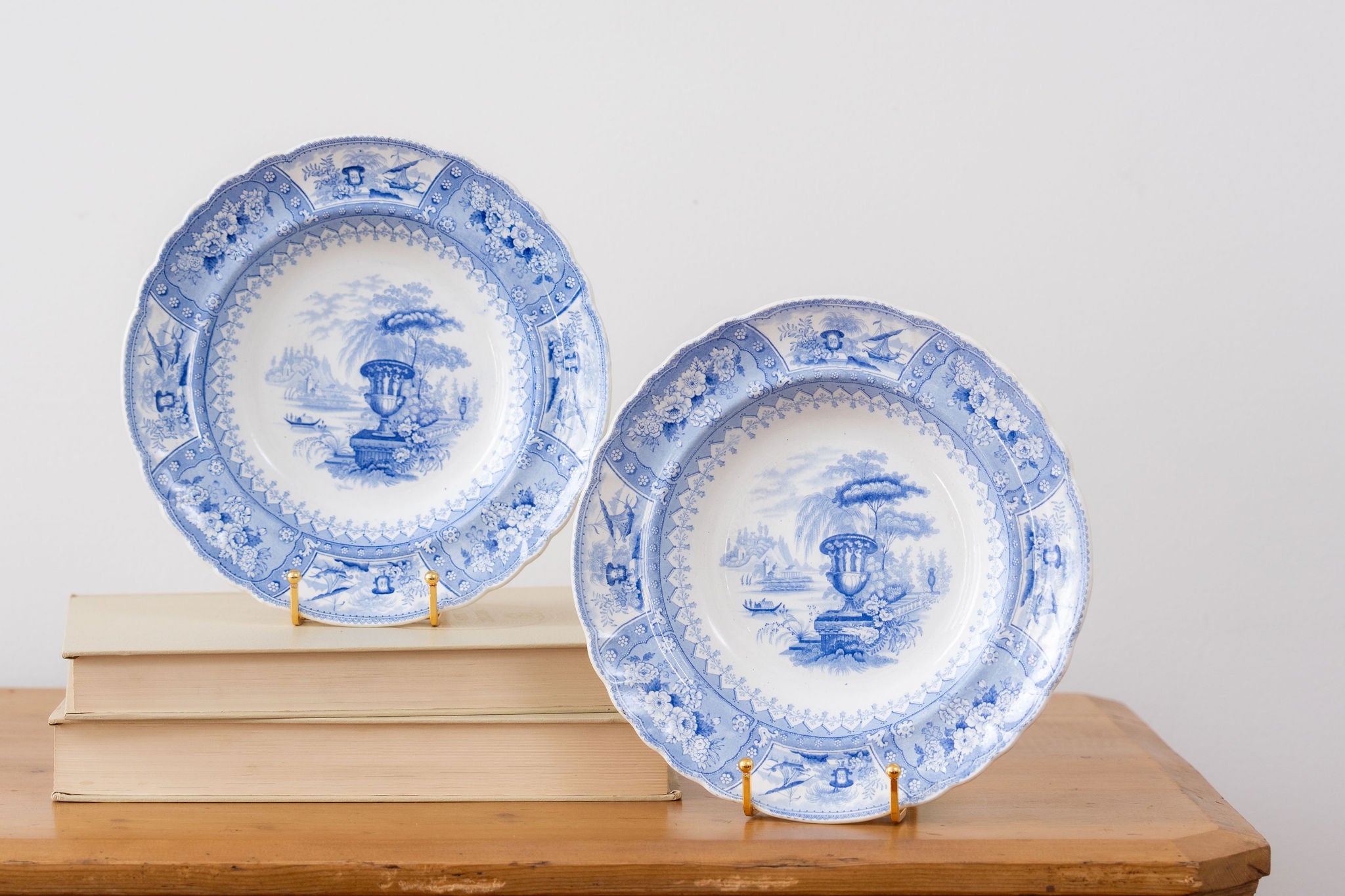 Blue + White Antique Staffordshire Shallow Pasta Bowl/Plate With Scalloped Rim + Urn Motif