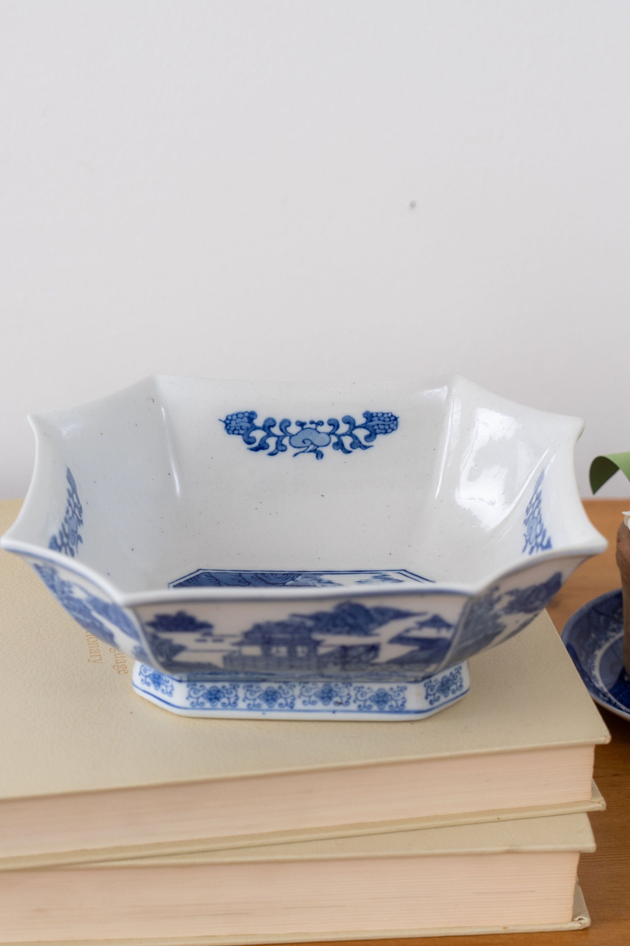 Vintage Hand Painted Chinese Blue + White Pagoda Bowl / Centerpiece