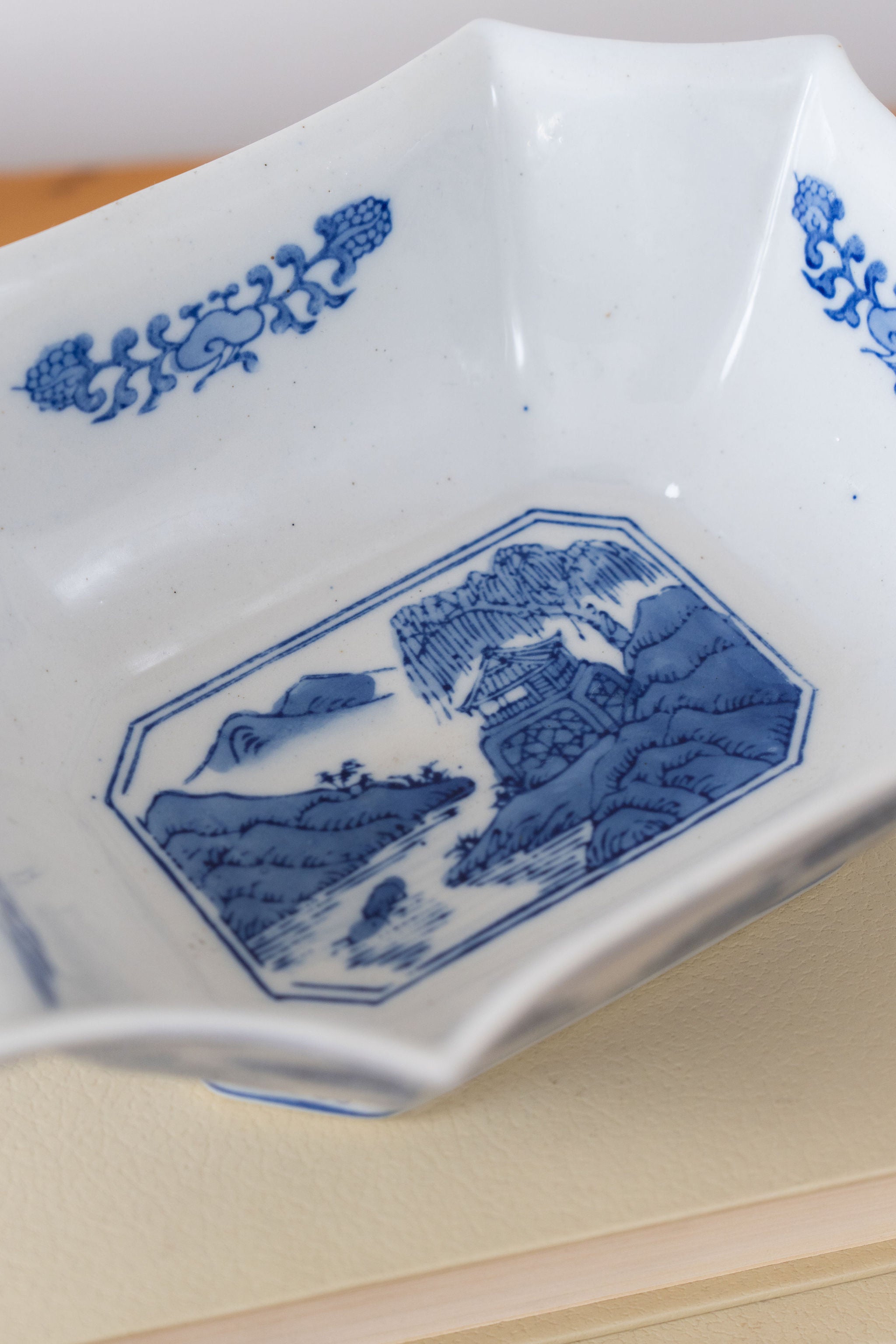 Vintage Hand Painted Chinese Blue + White Pagoda Bowl / Centerpiece