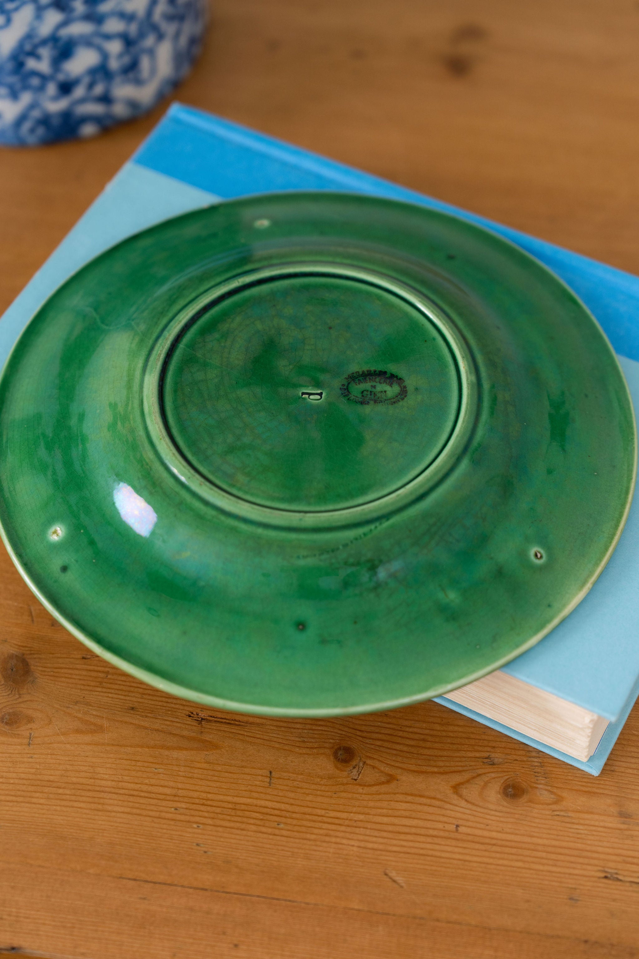 Antique Kelly Green French Majolica Leaf with Woven Border Plate | Stamped ‘Gien’