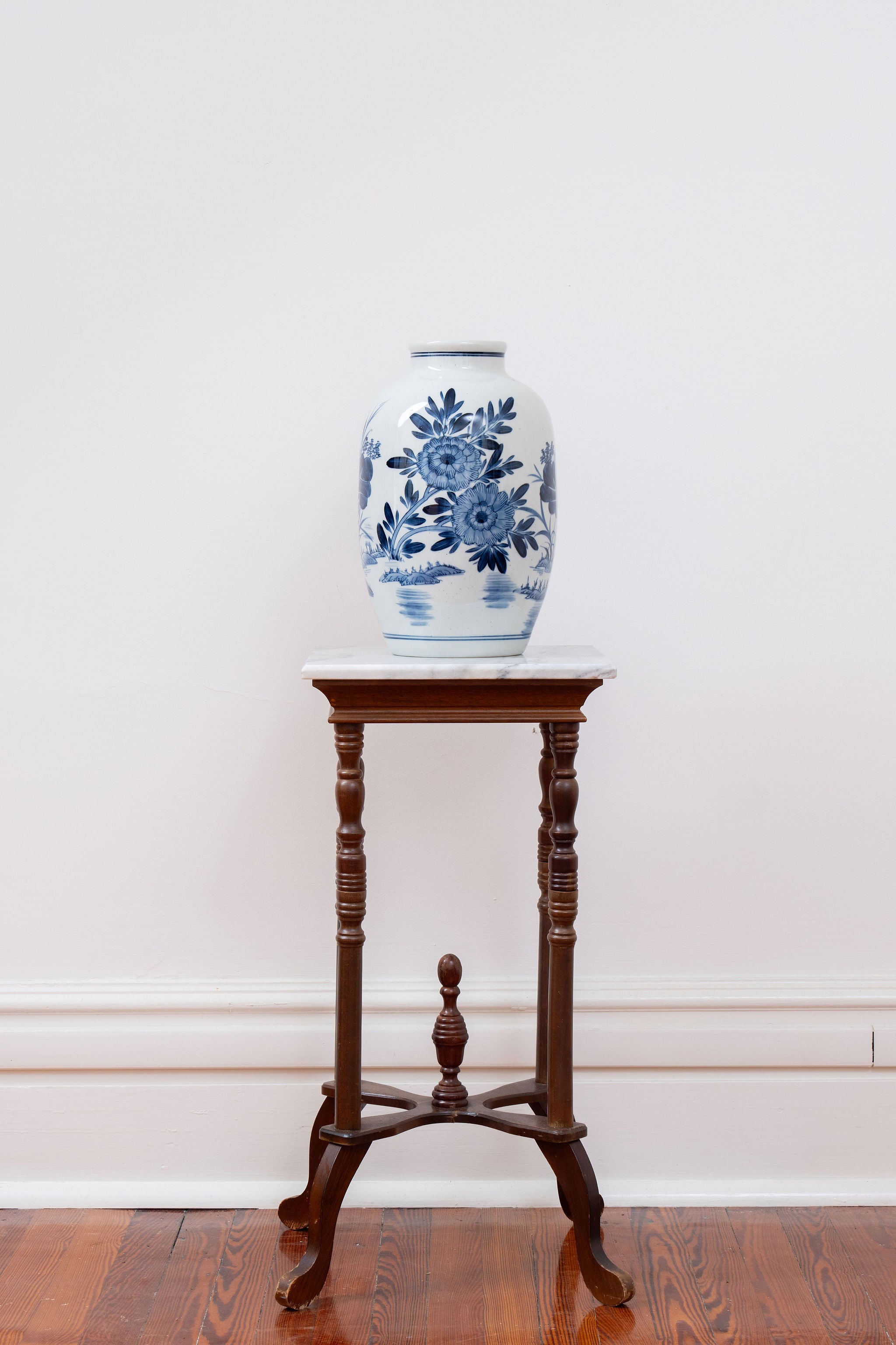 Hand Painted Blue + White Floral Large Vase