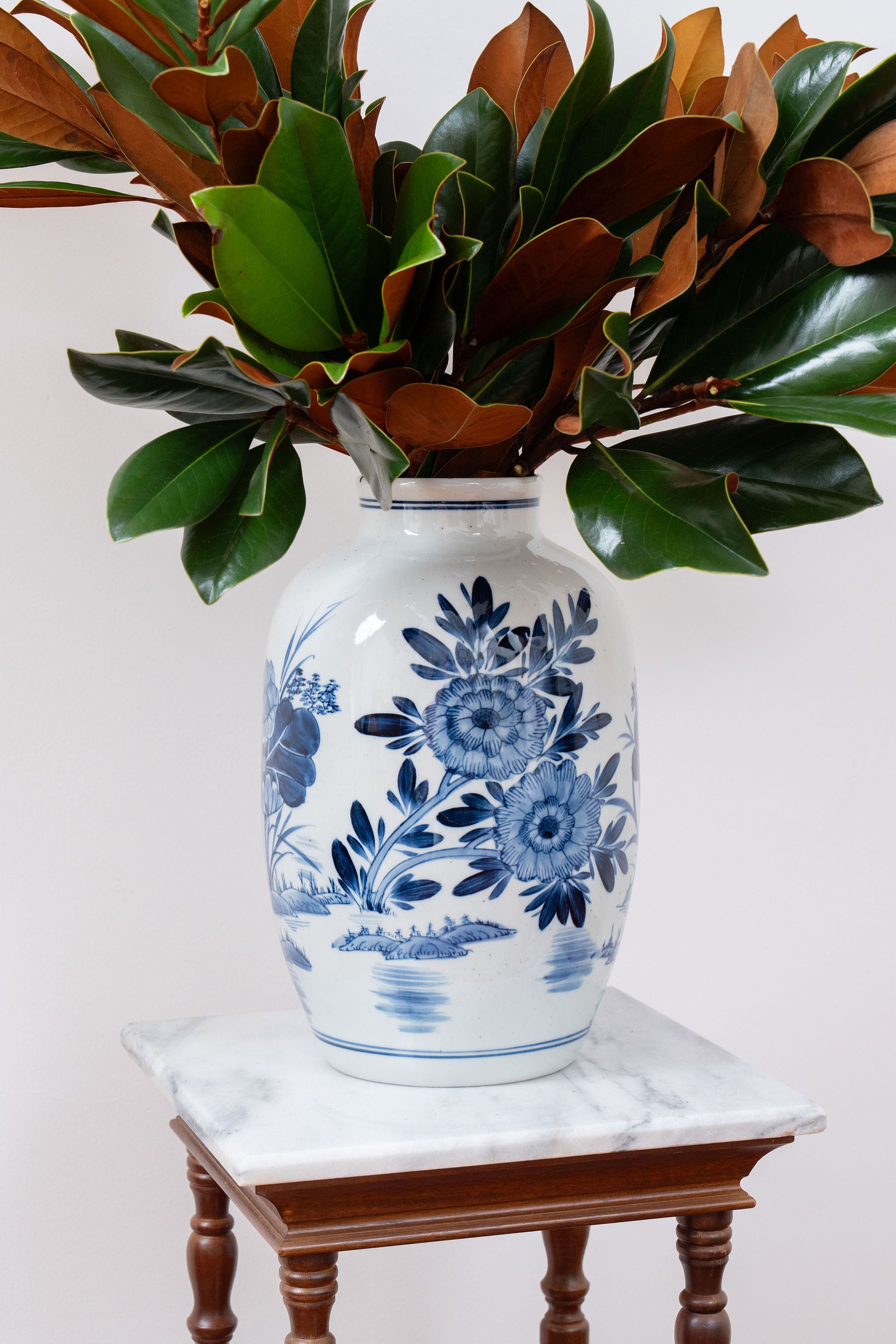 Hand Painted Blue + White Floral Large Vase