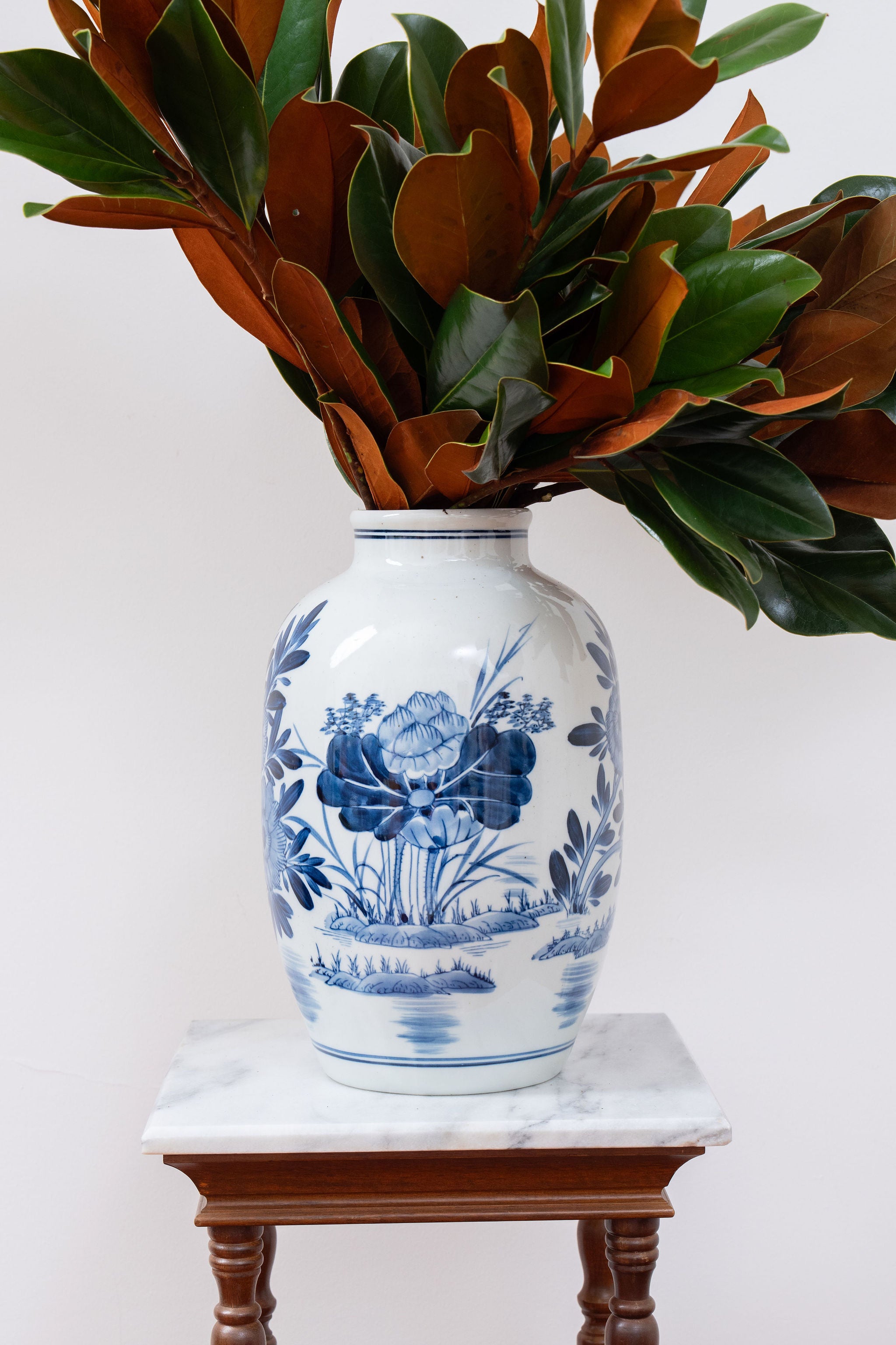 Hand Painted Blue + White Floral Large Vase