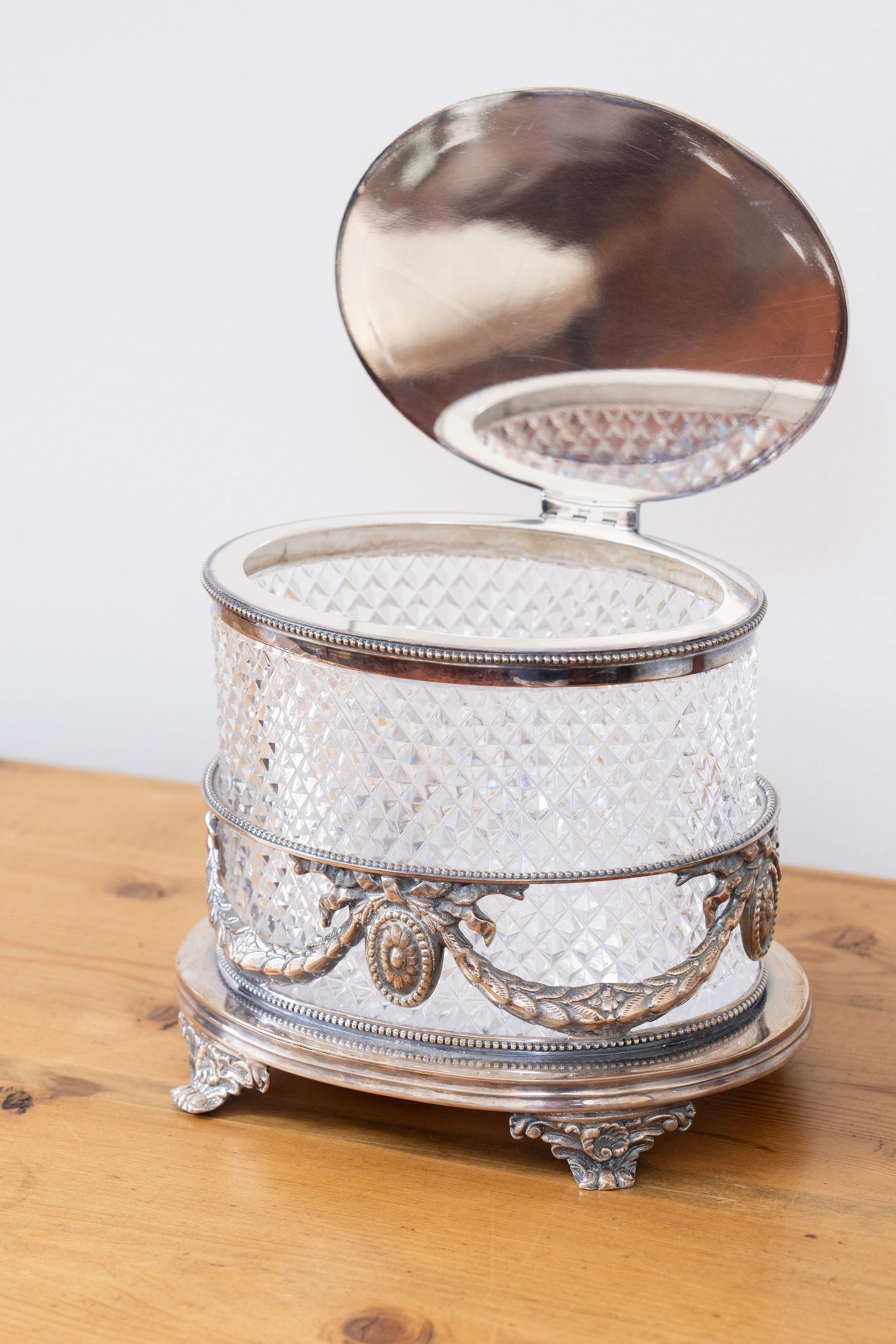 English Silverplate & Cut Crystal Biscuit Jar