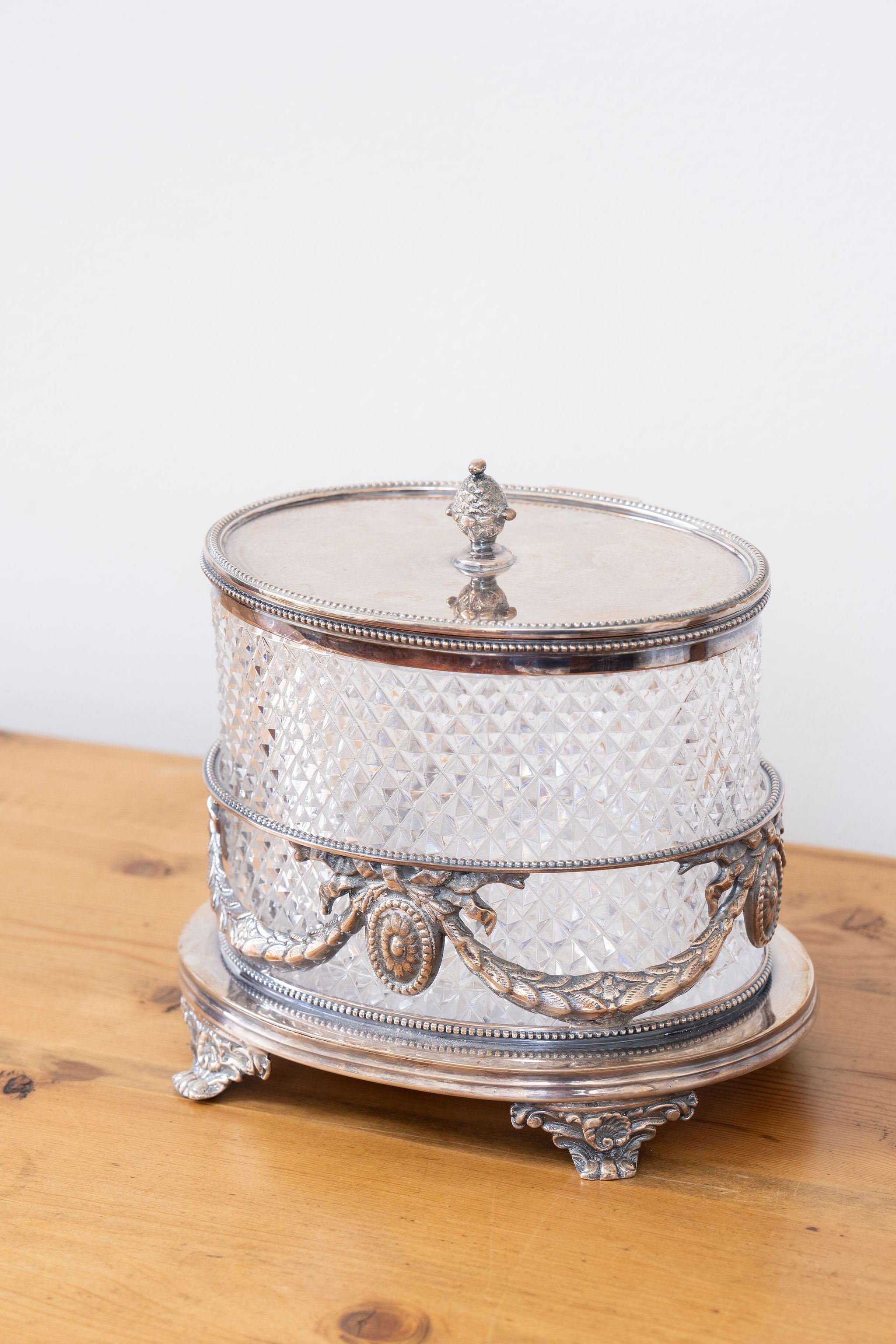 English Silverplate & Cut Crystal Biscuit Jar