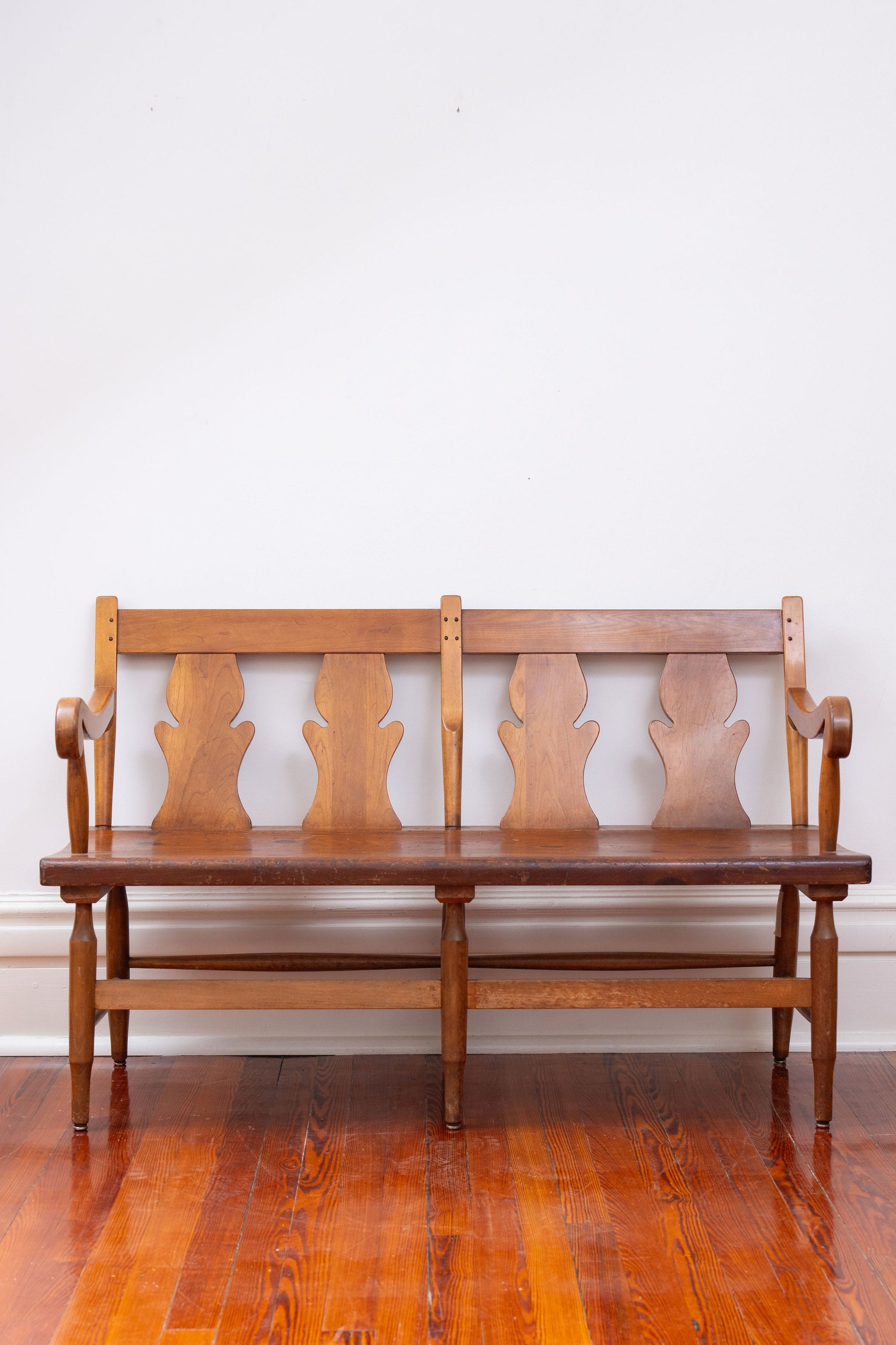 Pine + Cherry Bench or Settee with Carved Back | by Stickley c. 1920