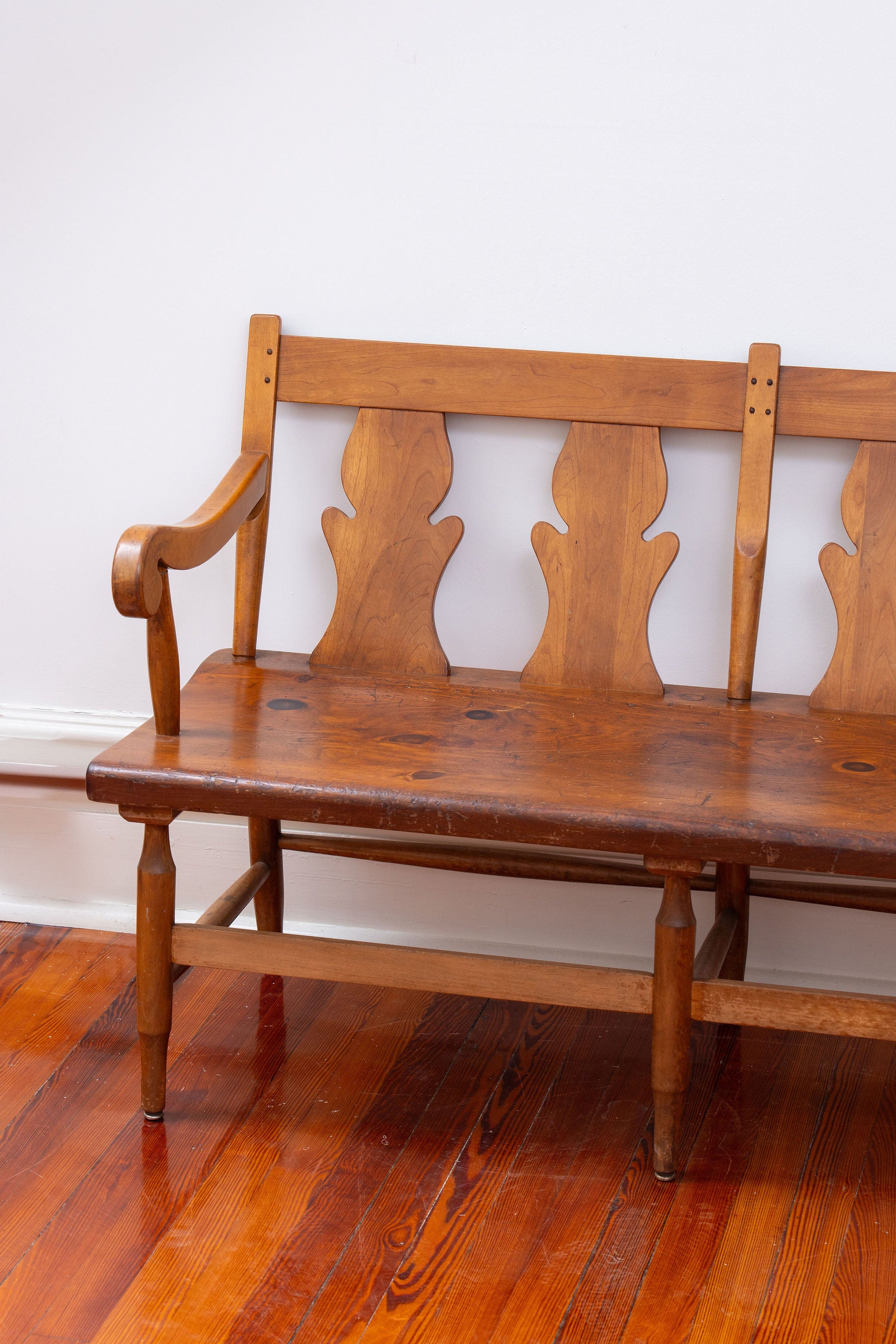 Pine + Cherry Bench or Settee with Carved Back | by Stickley c. 1920