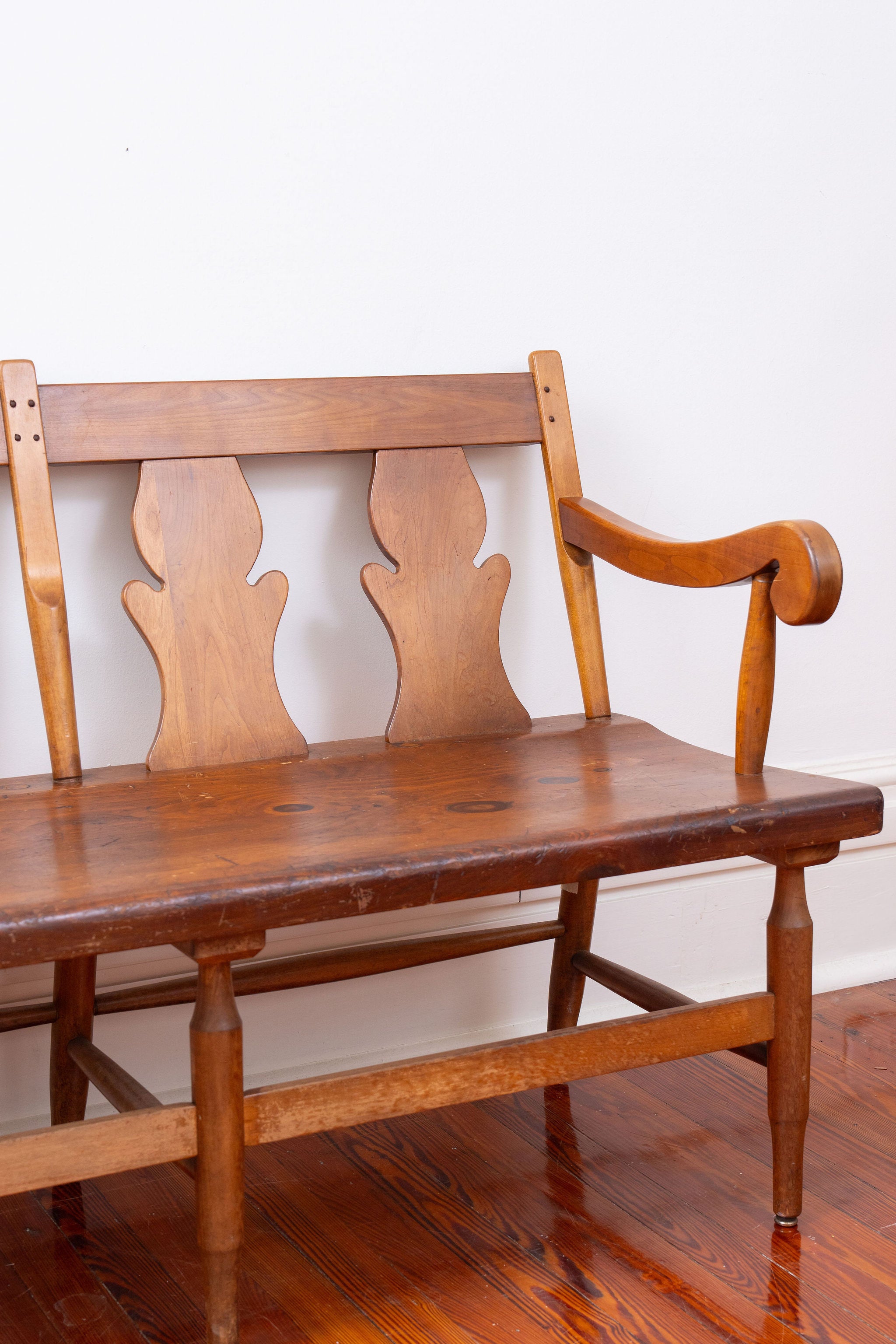 Pine + Cherry Bench or Settee with Carved Back | by Stickley c. 1920