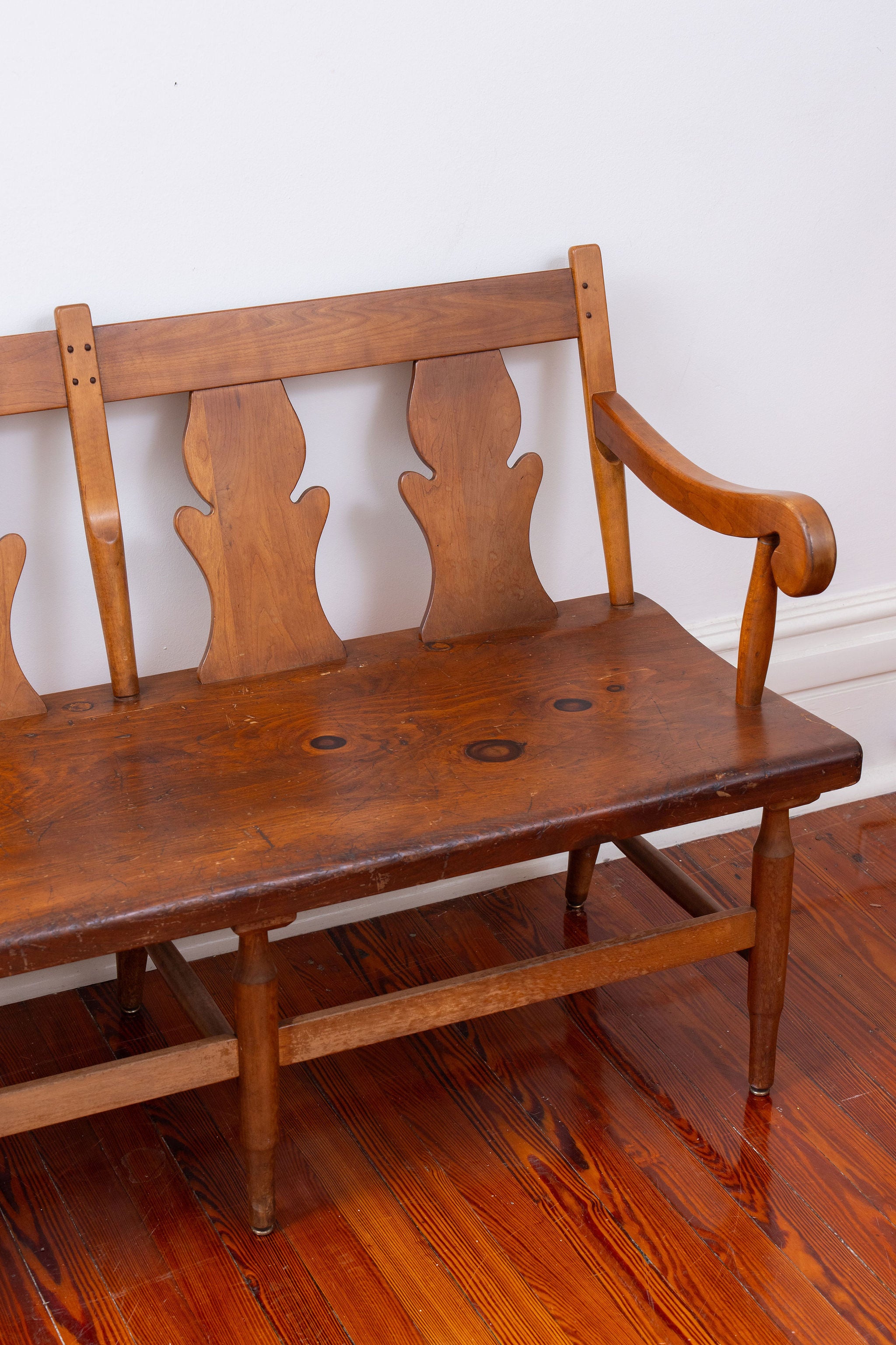 Pine + Cherry Bench or Settee with Carved Back | by Stickley c. 1920