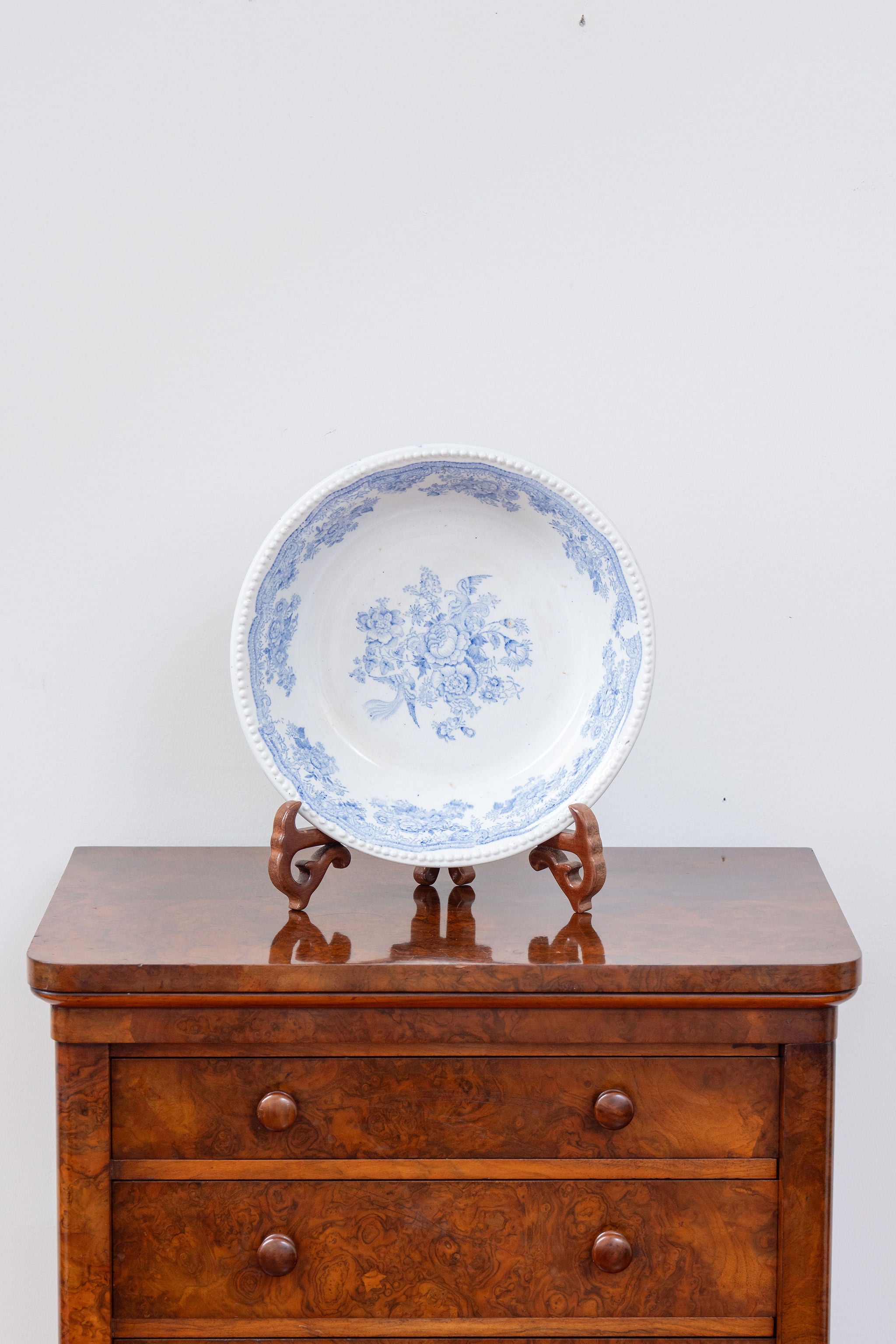 Antique Pale Blue + White Asiatic Pheasants Large Bowl with Beaded Edge