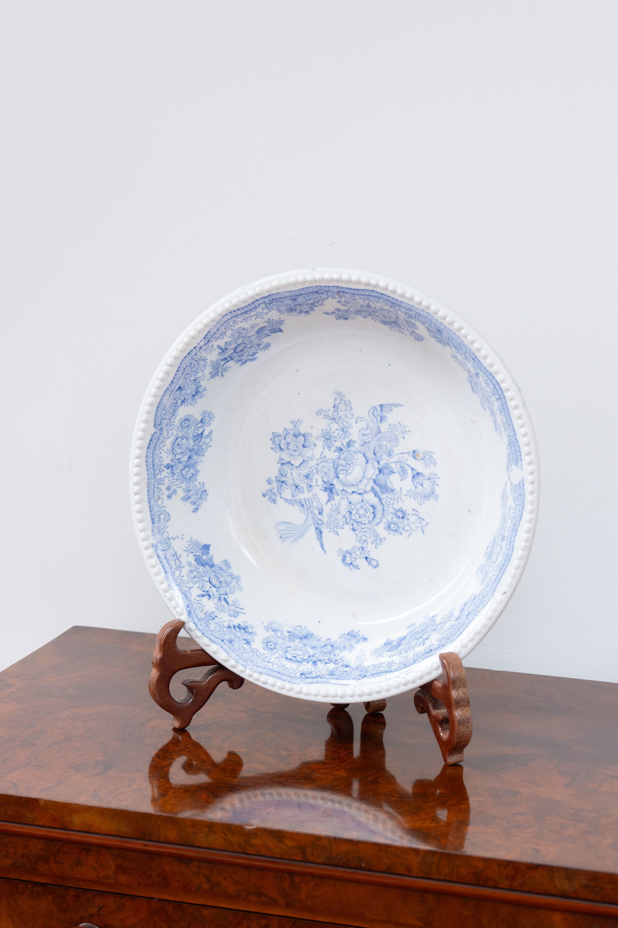 Antique Pale Blue + White Asiatic Pheasants Large Bowl with Beaded Edge